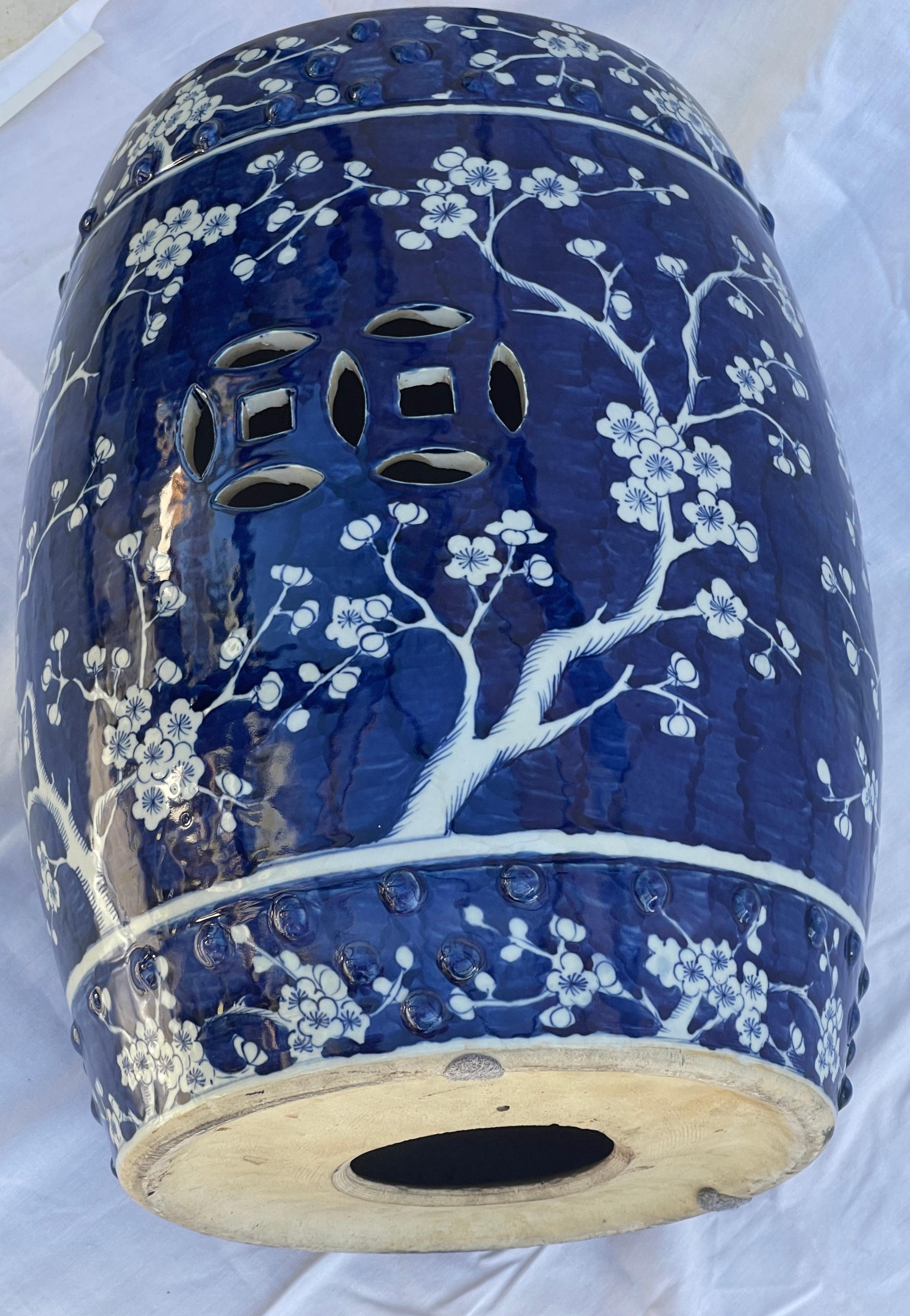 20th Century Cherry Blossom Blue & White Glazed Terracotta Garden Stool