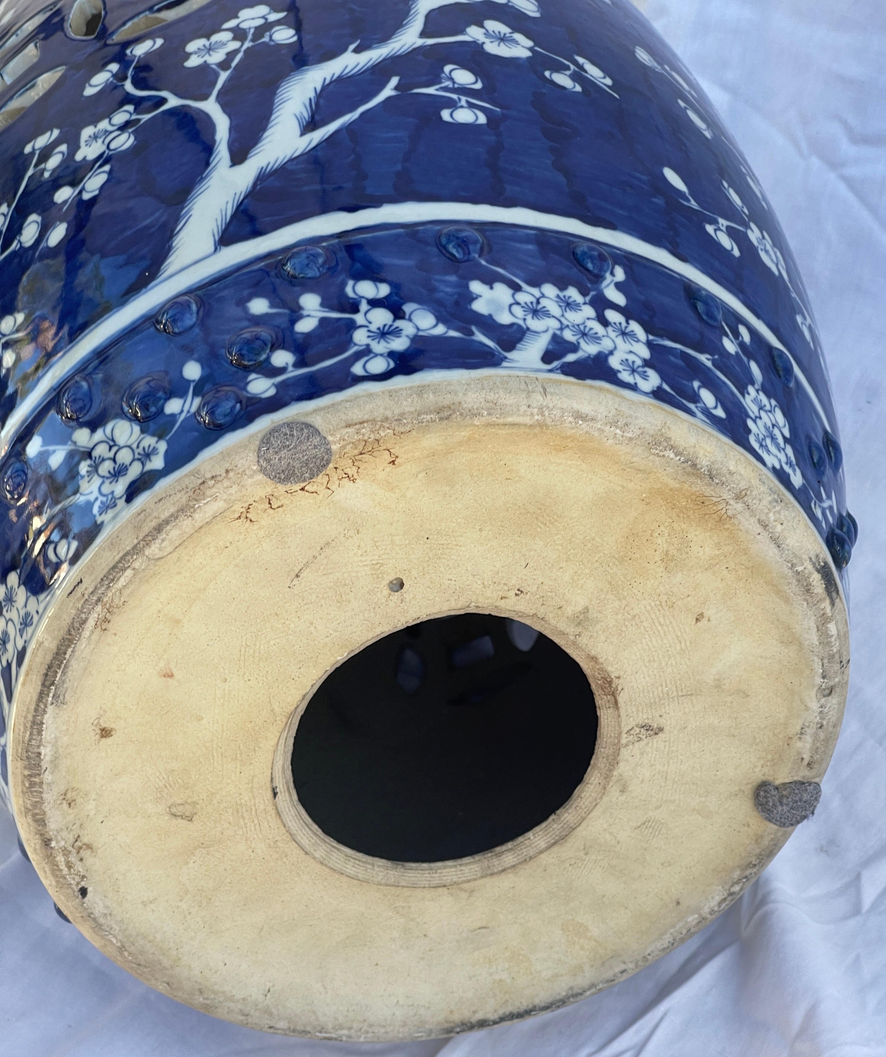 Cherry Blossom Blue & White Glazed Terracotta Garden Stool 1