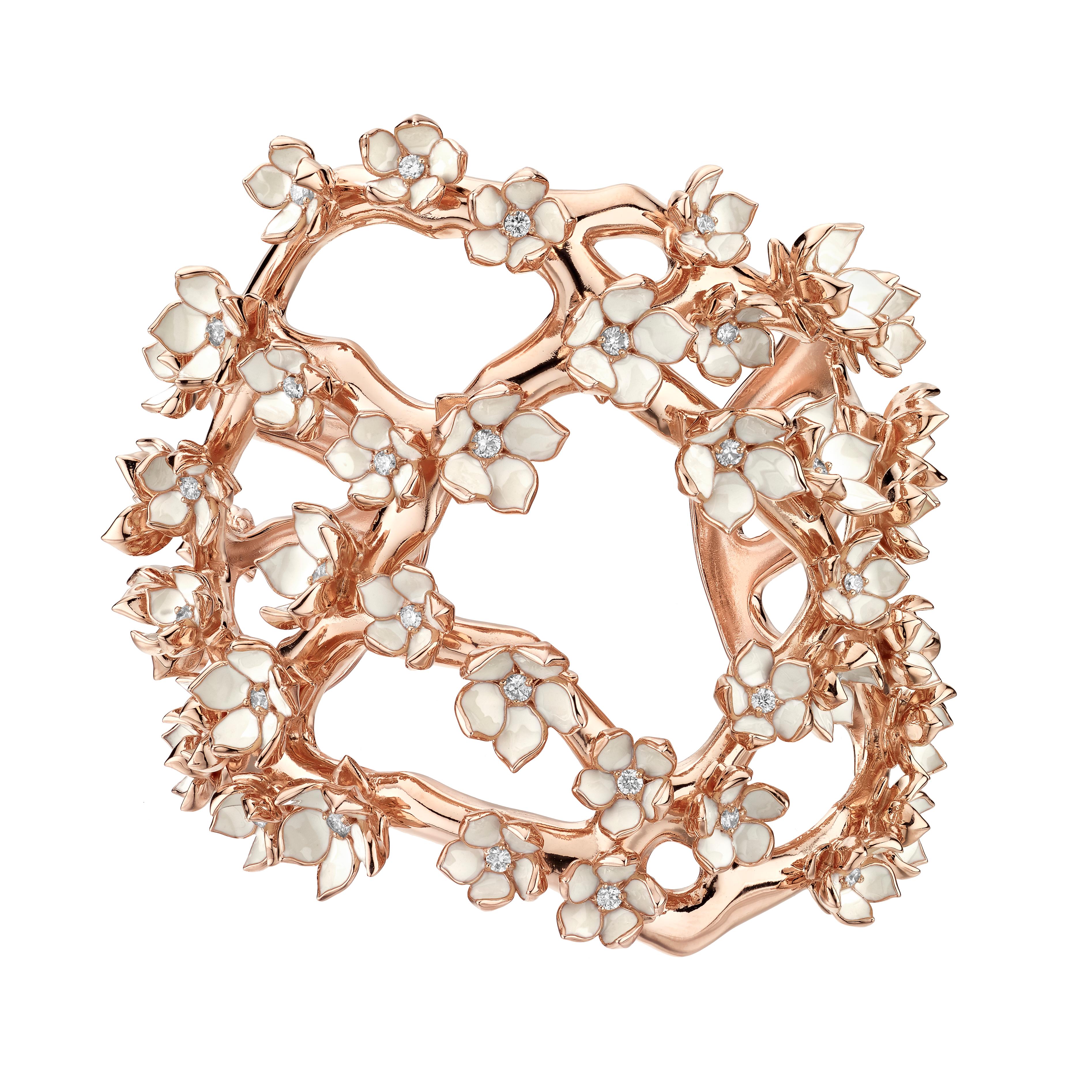 Art Deco Cherry Blossom Cuff - Rose Gold Vermeil, 2.51 CT Diamond & Enamel For Sale