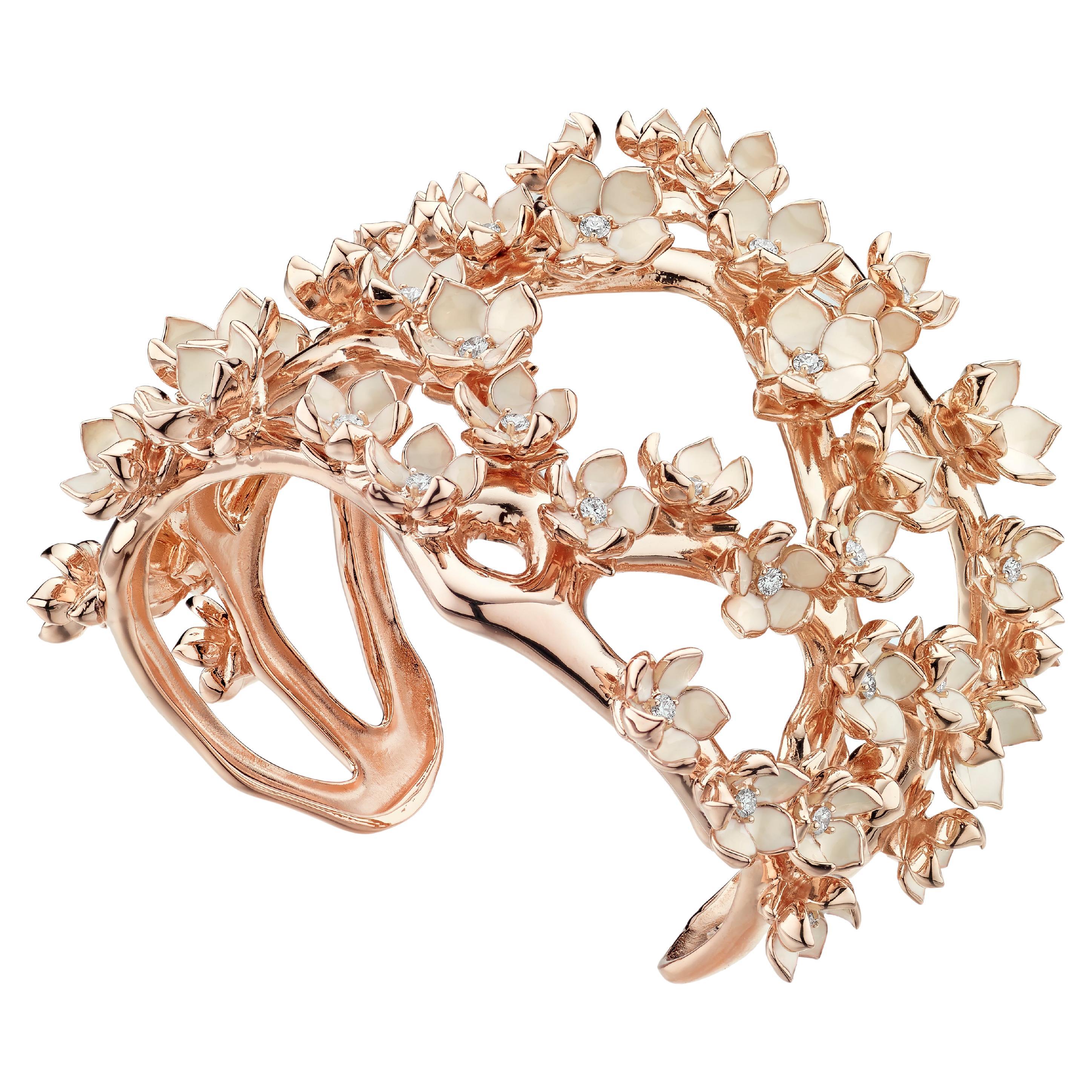 Cherry Blossom Cuff - Rose Gold Vermeil, 2.51 CT Diamond & Enamel For Sale