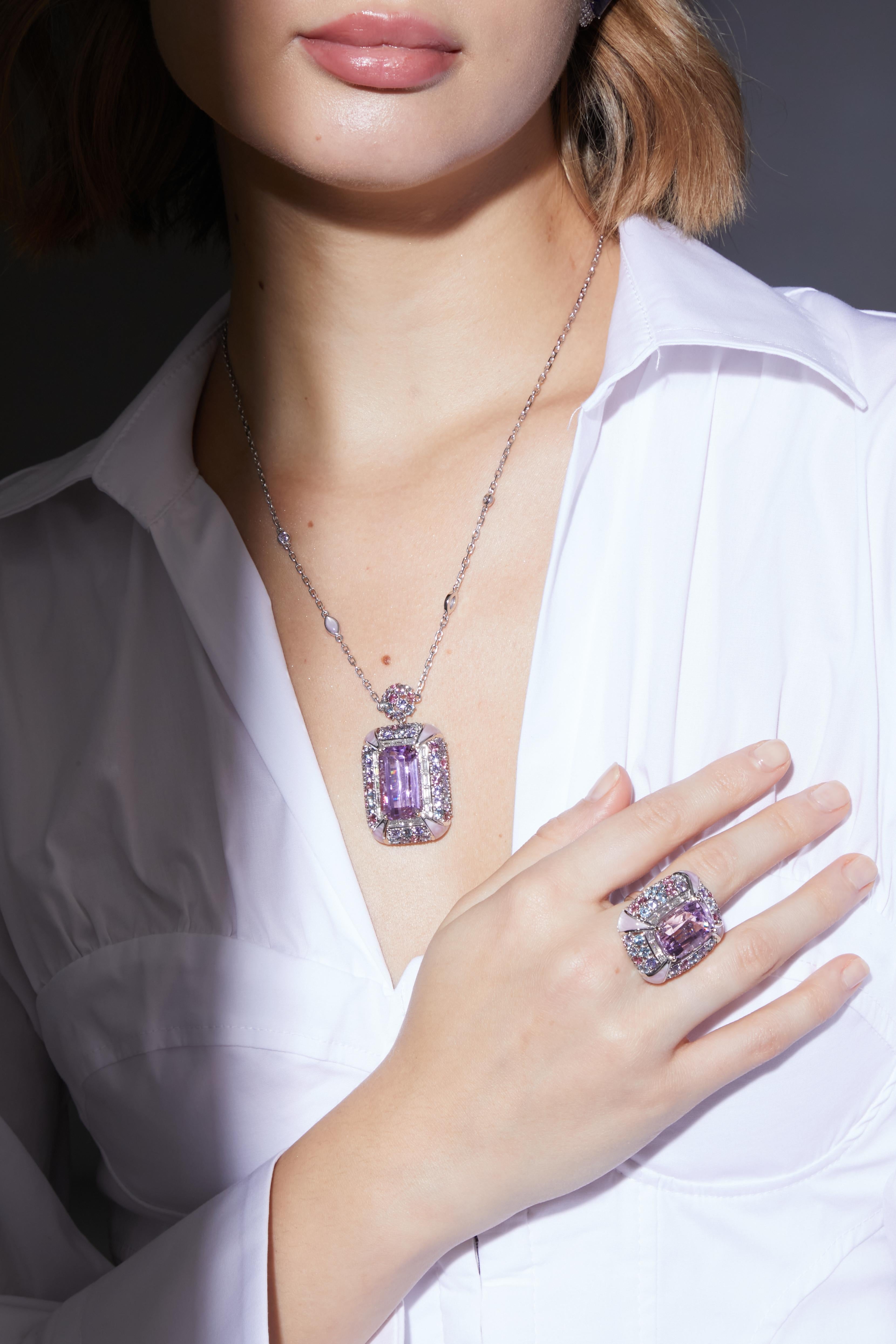 The pretty pink hues of Kunzites are often associated with love and romance. Our Cherry Blossom collection uniquely pairs these vibrant Kunzites with a combination of pink mother of pearl, pink tourmaline, aquamarine, tanzanites and diamonds.