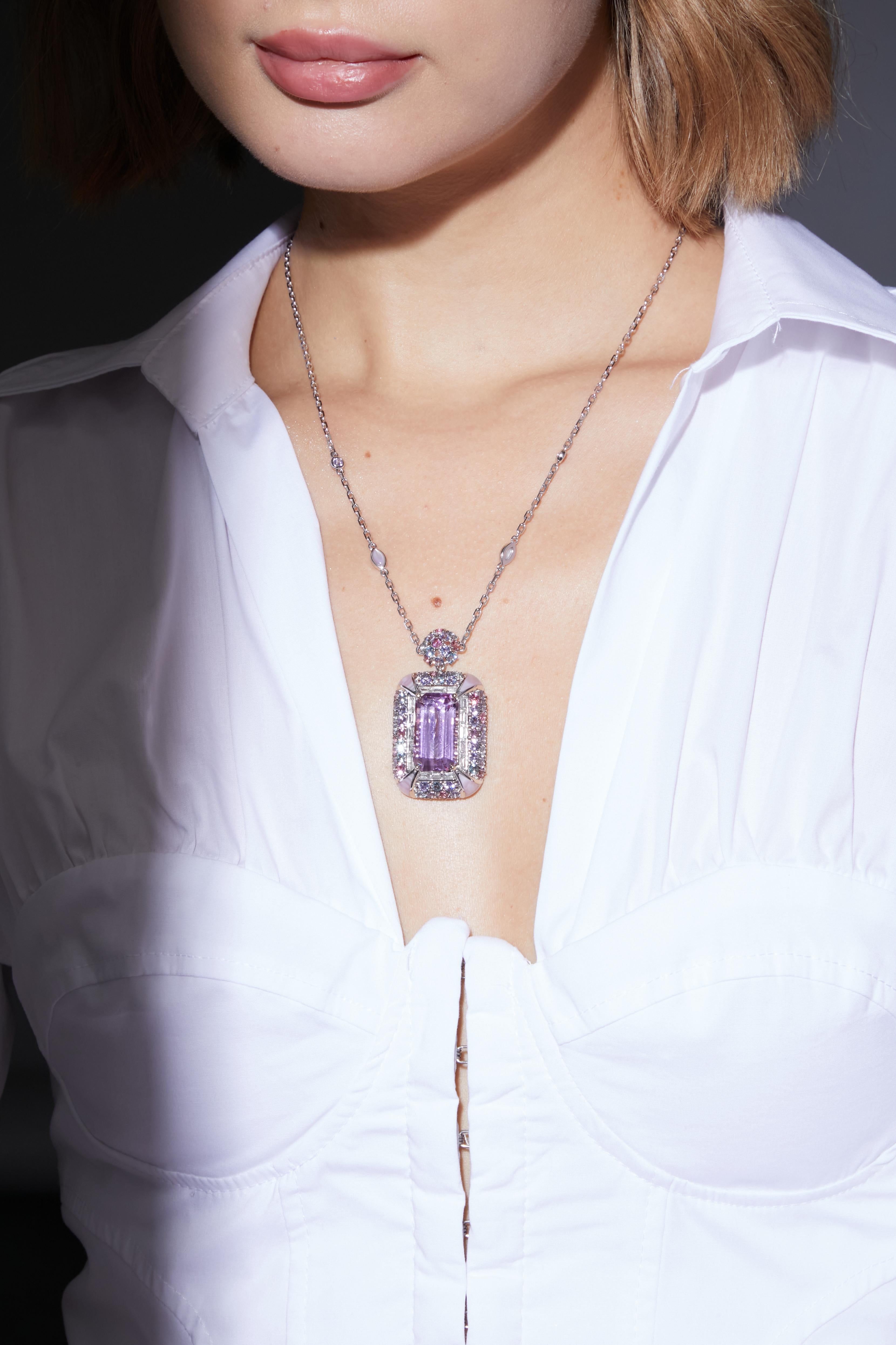 Contemporary Cherry Blossom Kunzite Necklace with Mother of Pearl, Gemstones & Diamonds 18KWG For Sale