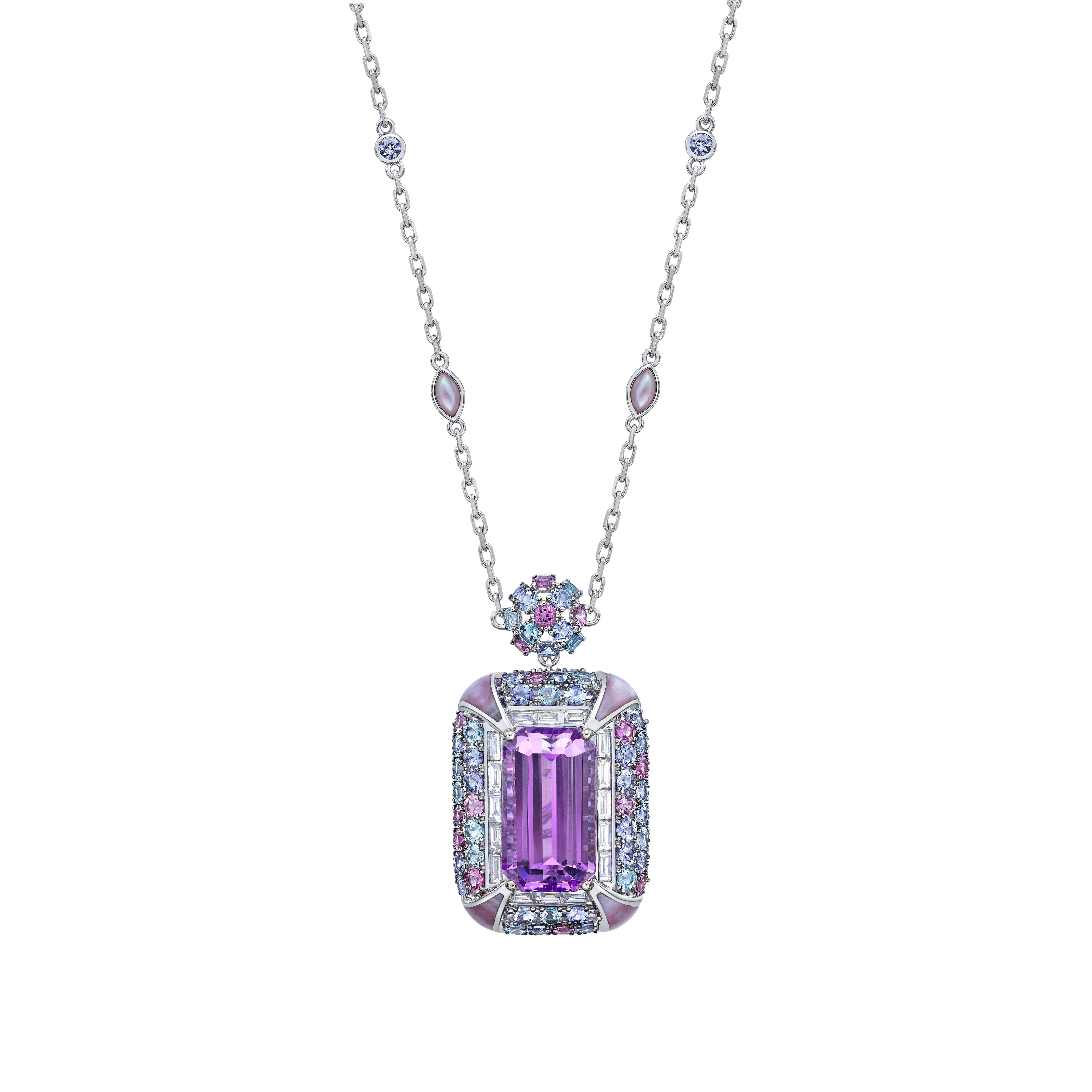 Octagon Cut Cherry Blossom Kunzite Necklace with Mother of Pearl, Gemstones & Diamonds 18KWG For Sale