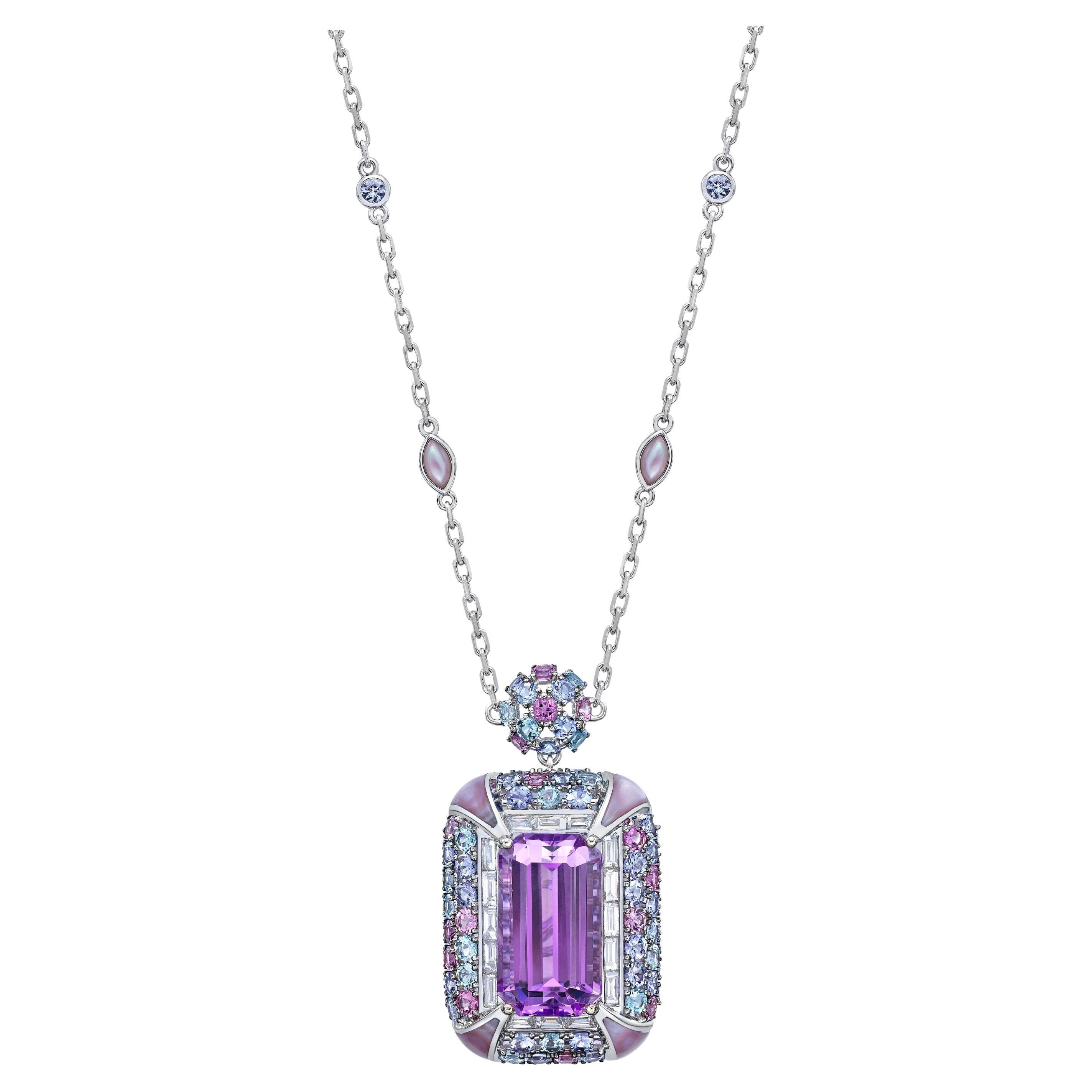 Cherry Blossom Kunzite Necklace with Mother of Pearl, Gemstones & Diamonds 18KWG For Sale