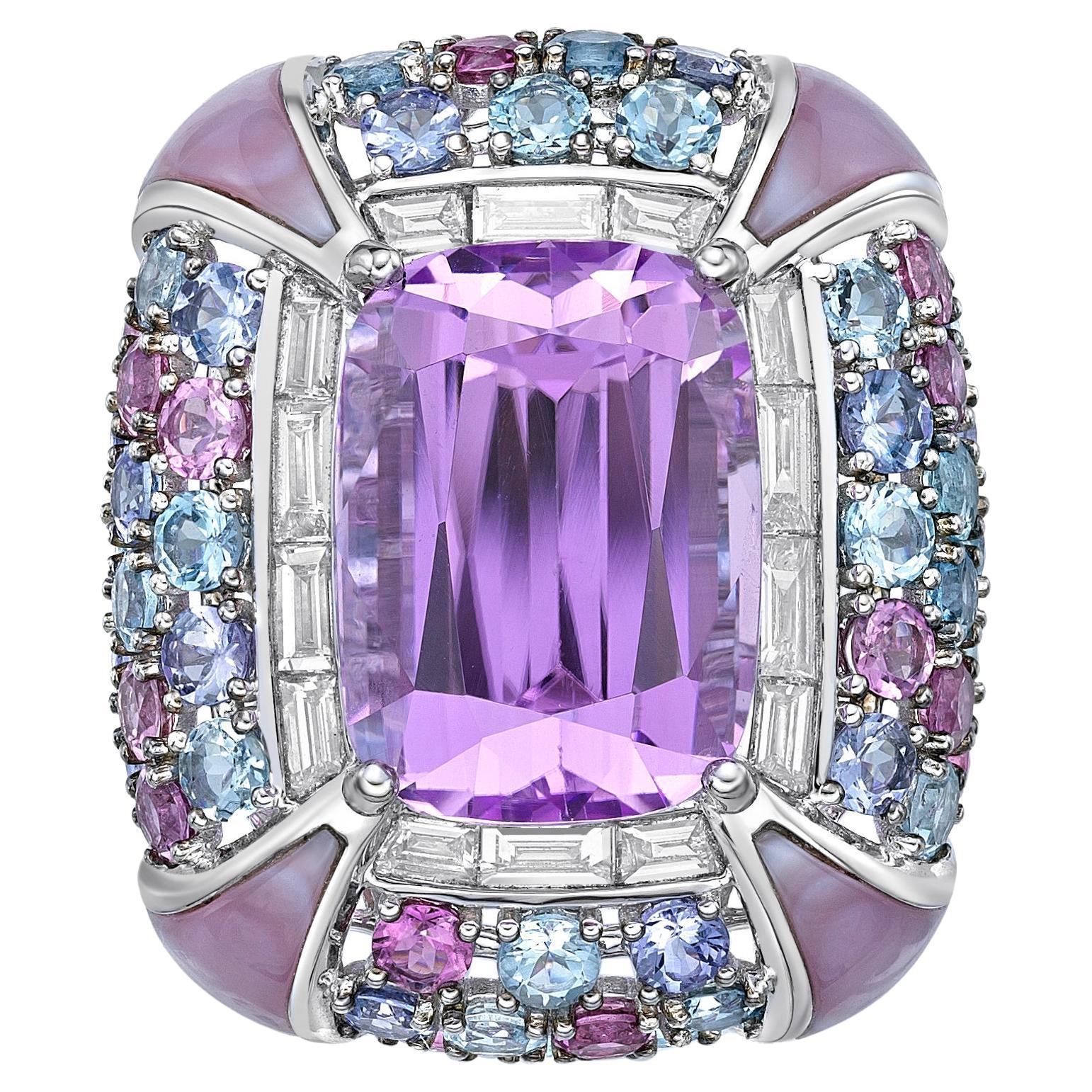 Cherry Blossom Kunzite Ring with Mother of Pearl, Gemstones & Diamond in 18KWG For Sale
