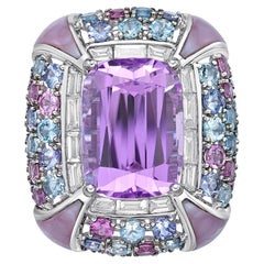 Cherry Blossom Kunzite Ring with Mother of Pearl, Gemstones & Diamond in 18KWG