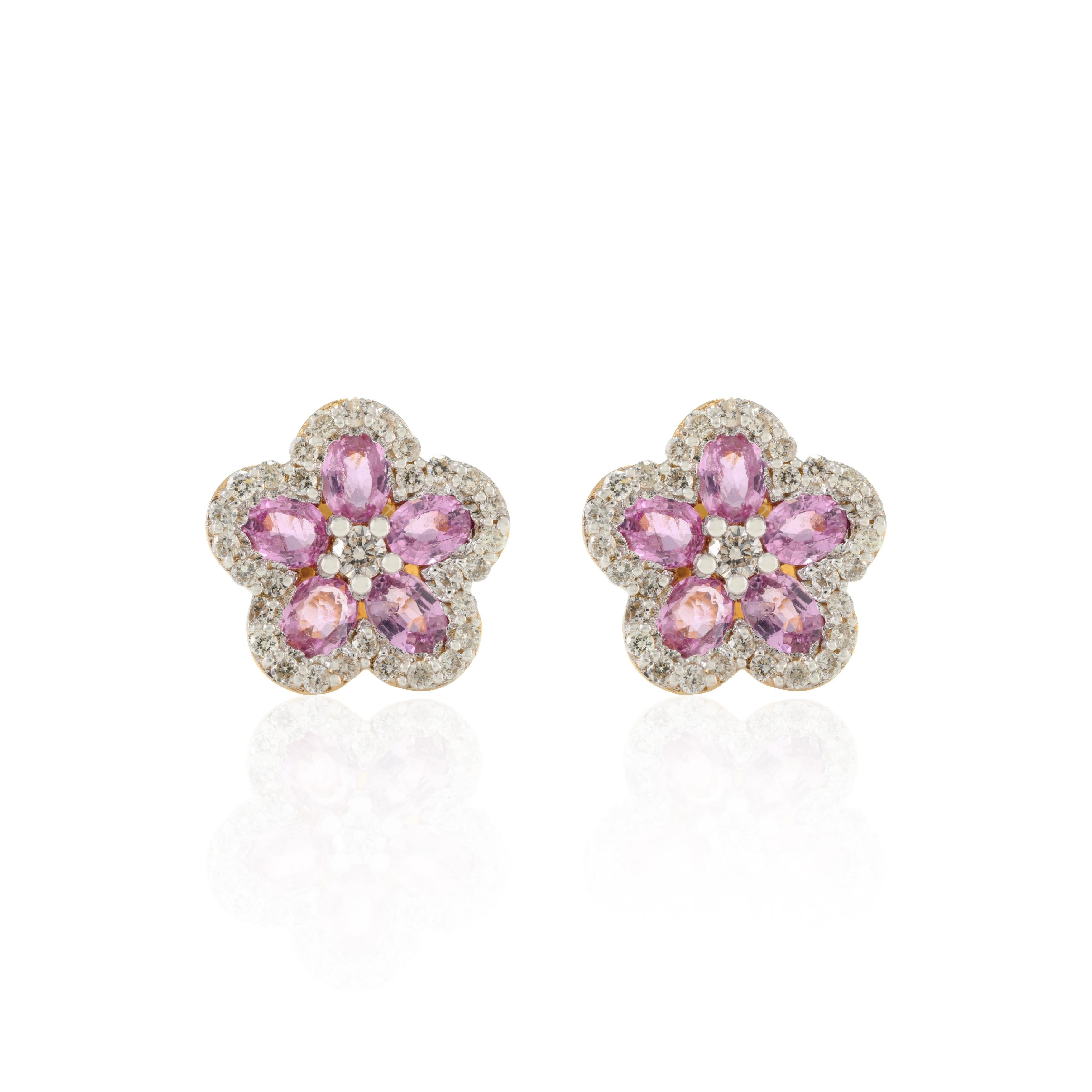 Modern Cherry Blossom Pink Sapphire Diamond Flower Stud Earrings in 18k Yellow Gold For Sale