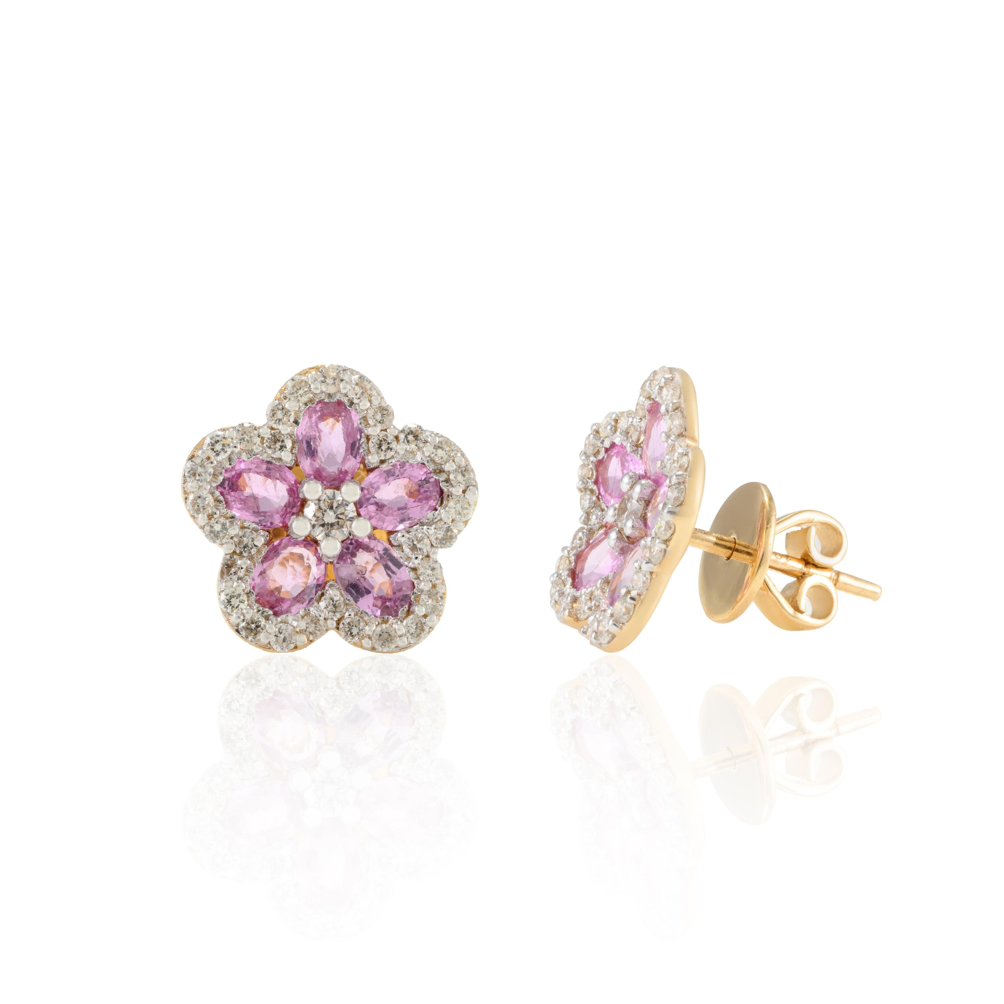 Cherry Blossom Pink Sapphire Diamond Flower Stud Earrings in 18k Yellow Gold In New Condition For Sale In Houston, TX