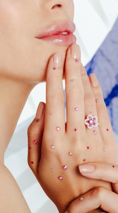 Pink Sapphire Cherry Blossom and Diamond Flower Ring 18k Solid Yellow Gold