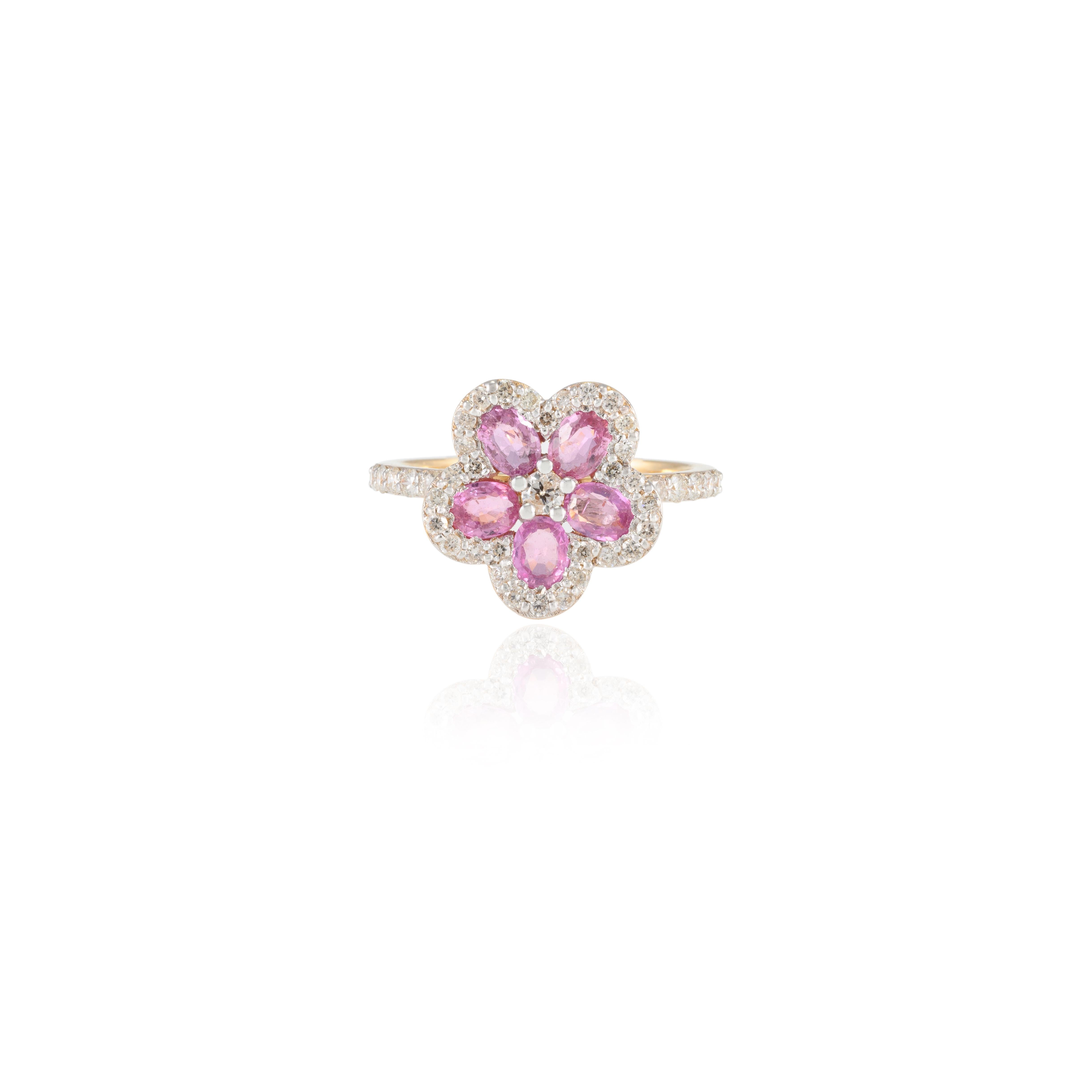 For Sale:  Pink Sapphire Cherry Blossom and Diamond Flower Ring 18k Solid Yellow Gold 3