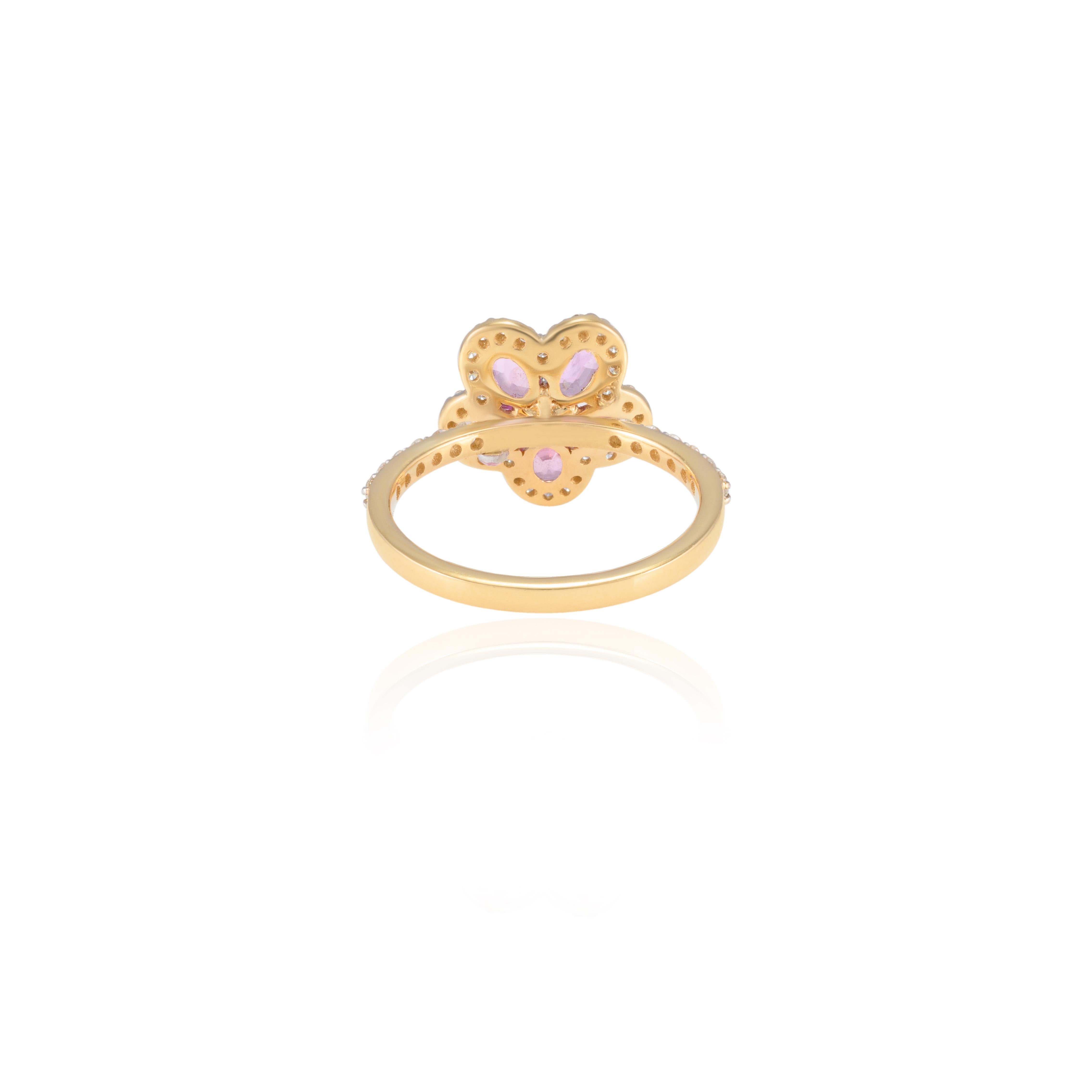 For Sale:  Pink Sapphire Cherry Blossom and Diamond Flower Ring 18k Solid Yellow Gold 5