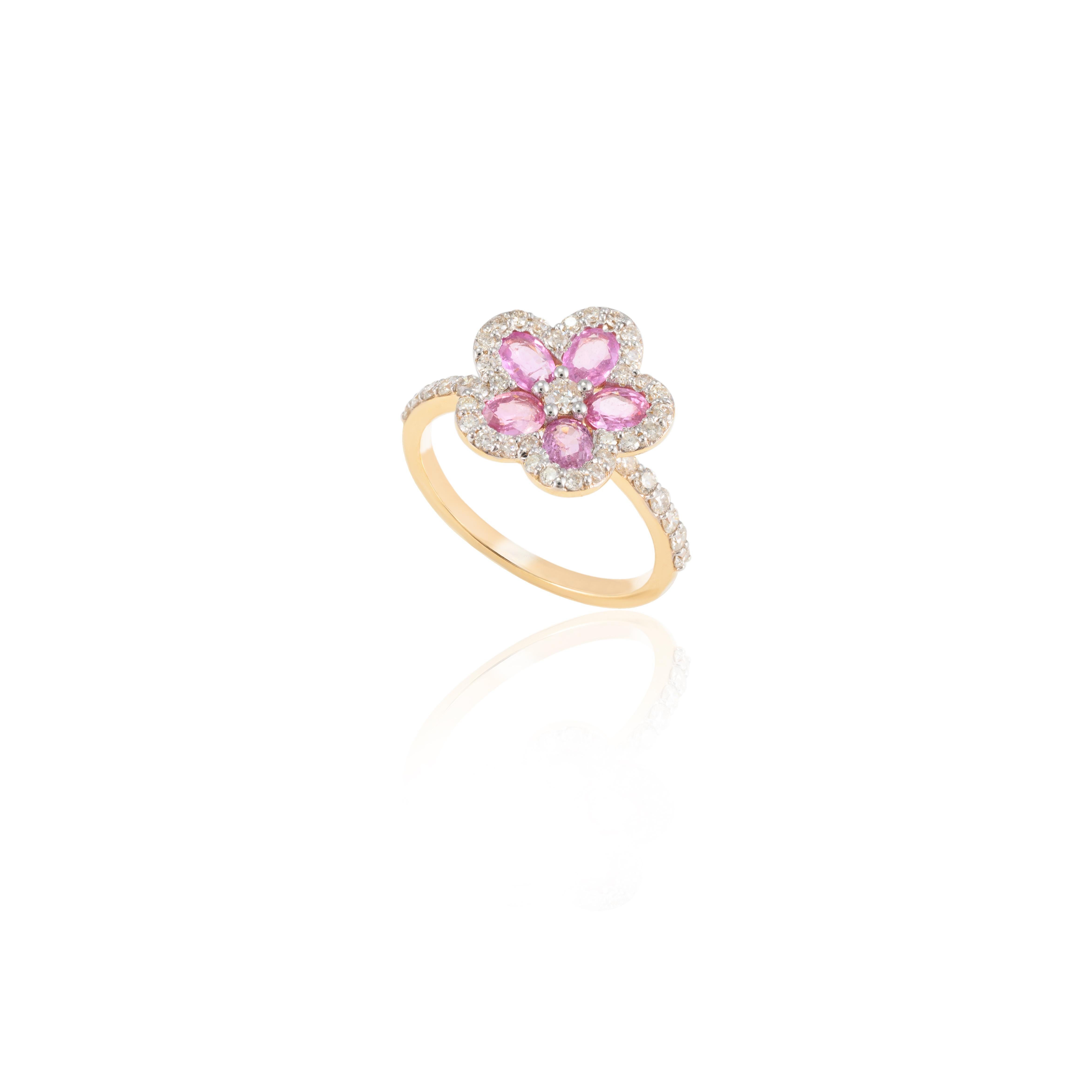 For Sale:  Pink Sapphire Cherry Blossom and Diamond Flower Ring 18k Solid Yellow Gold 8