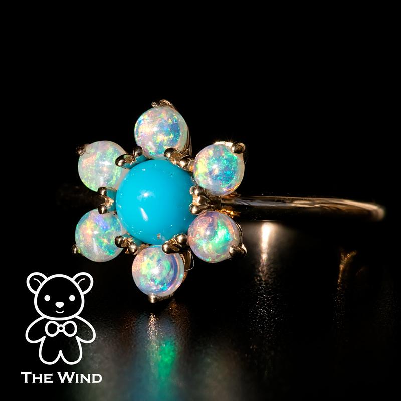 Brilliant Cut Cherry Blossom Sleeping Beauty Turquoise & Solid Opal Ring 14K Yellow Gold For Sale