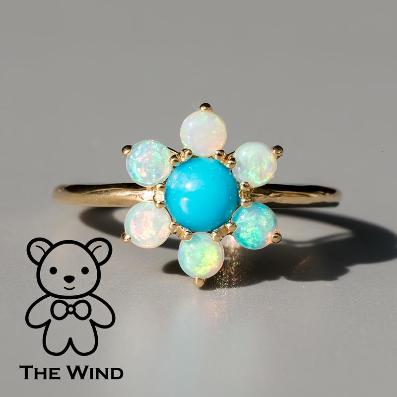 Cherry Blossom Sleeping Beauty Turquoise & Solid Opal Ring 14K Yellow Gold For Sale 1