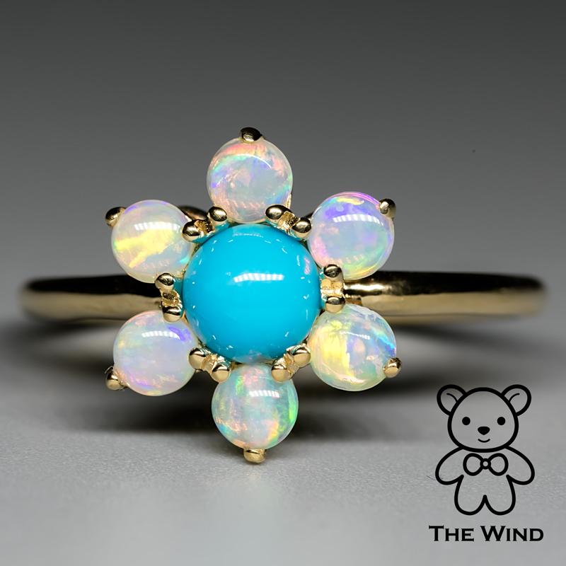 Cherry Blossom Sleeping Beauty Turquoise & Solid Opal Ring 14K Yellow Gold For Sale 2