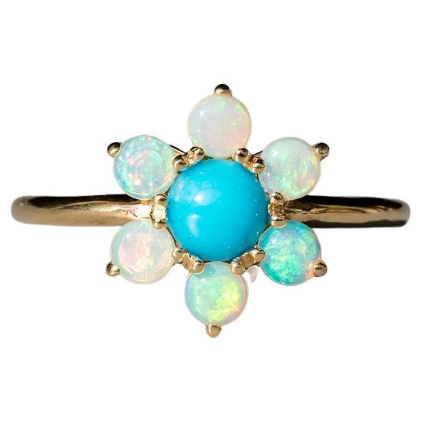 Cherry Blossom Sleeping Beauty Turquoise & Solid Opal Ring 14K Yellow Gold