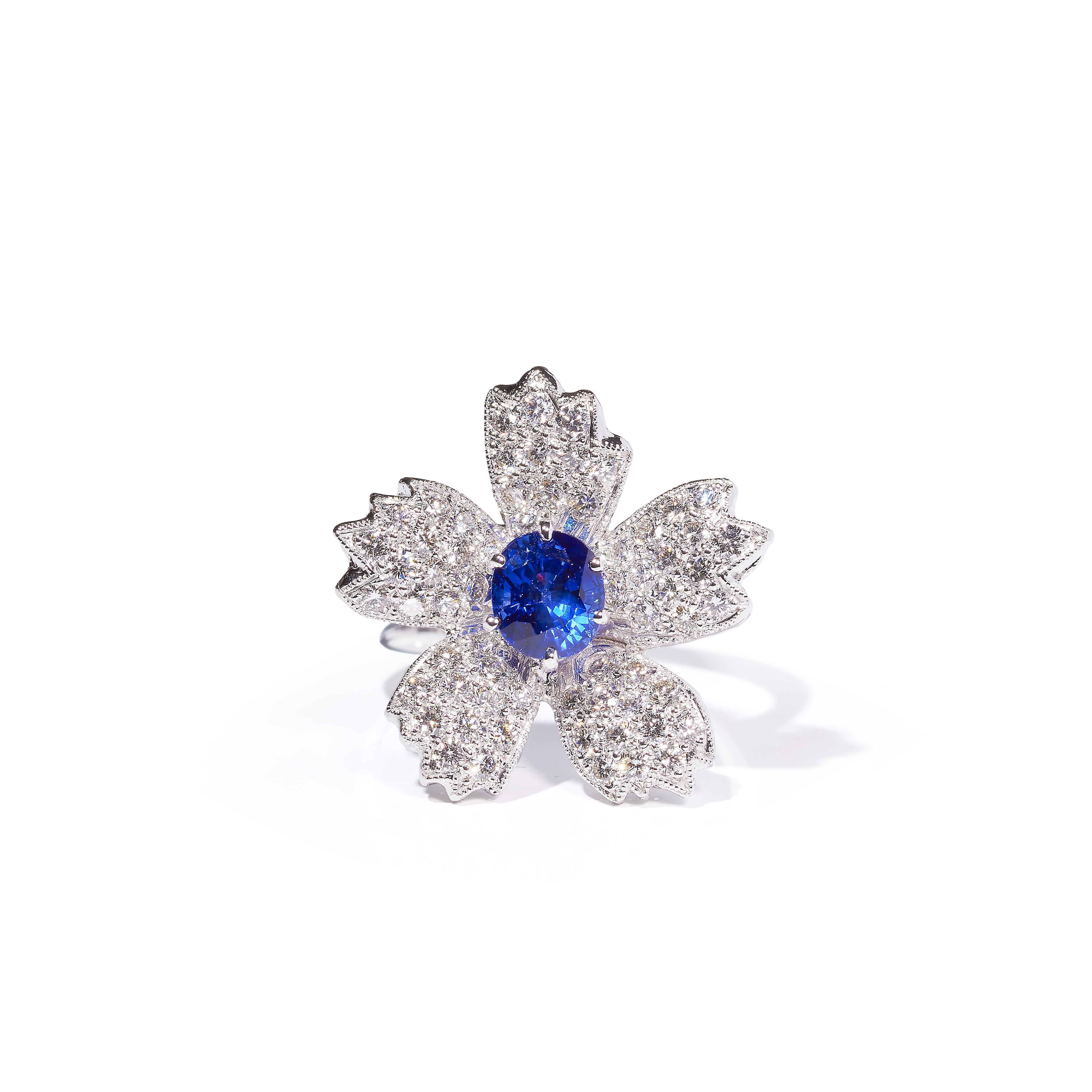 Contemporary Cherry Blossoms Ring, 18 Karat White Gold, Sapphire, Diamonds Ring For Sale