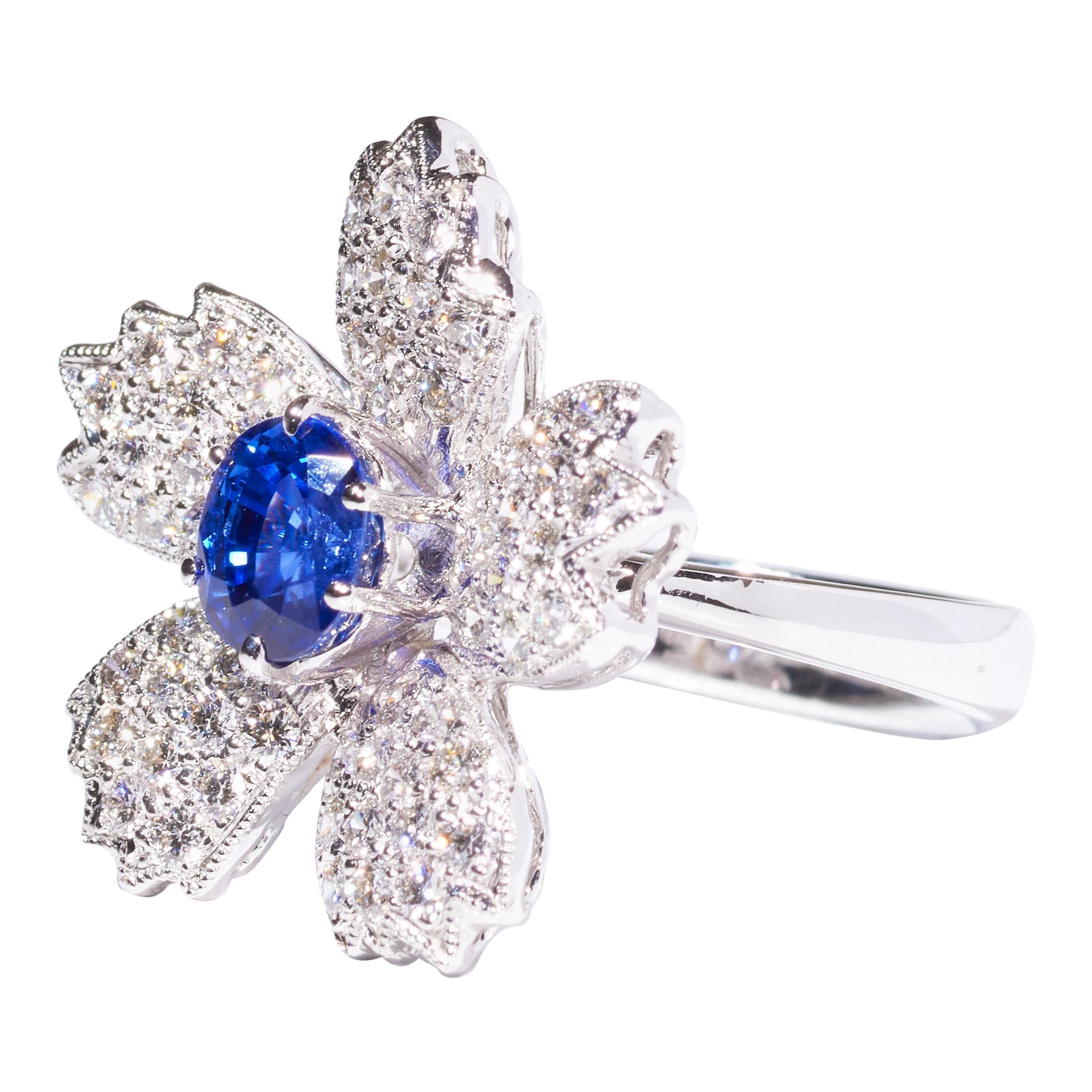 Cherry Blossoms Ring, 18 Karat White Gold, Sapphire, Diamonds Ring For Sale