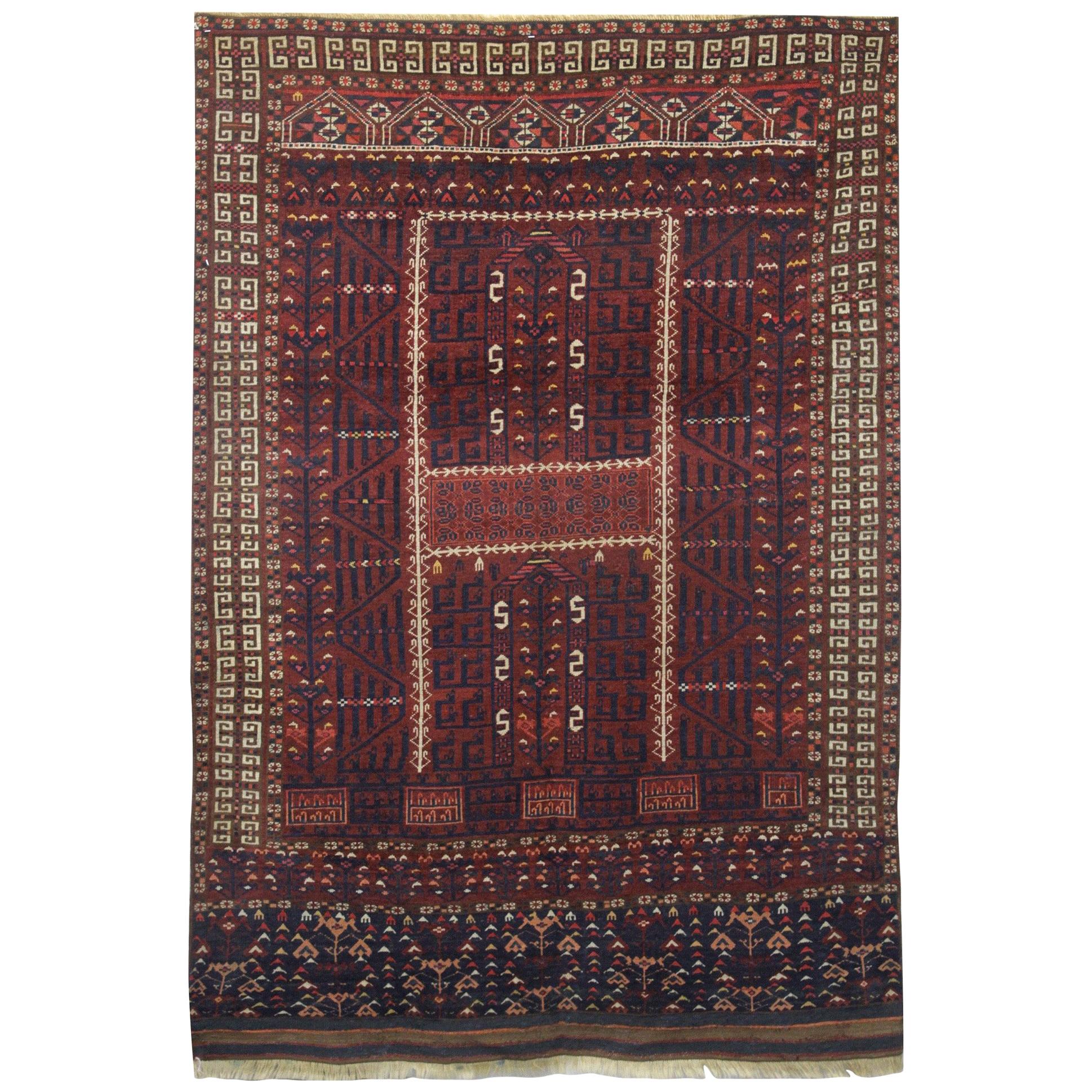 Cherry Handmade Carpet, Antique Rug Turkmen Hatchli, Wool Oriental Rugs for Sale
