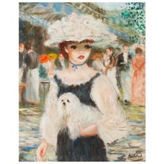 «Paseo tranquilo con un perro». Óleo sobre lienzo, impresionista, enmarcado, firmado, 31x25