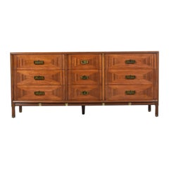 Vintage Cherry and Olive Wood Inlay Thomasville Campaign Style Talisman Dresser Credenza