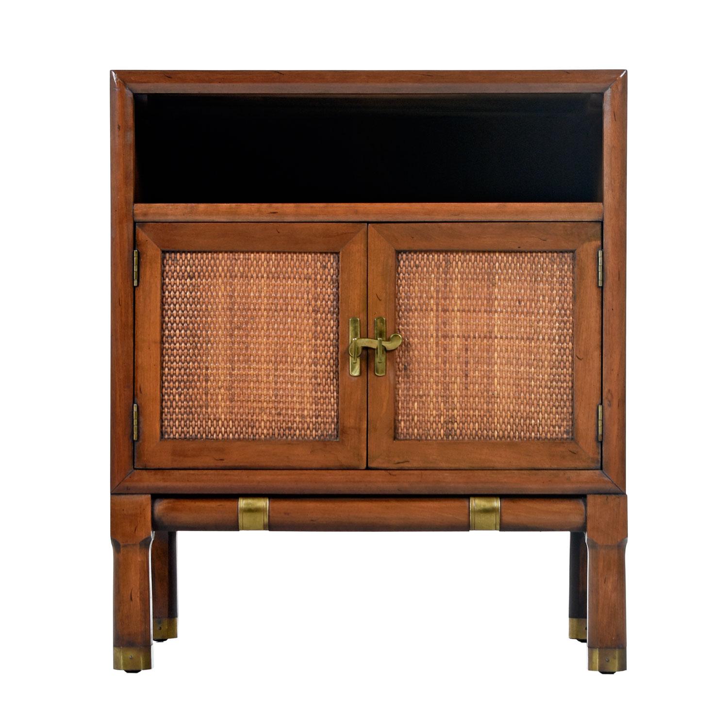 Mid-Century Modern Cherry & Olive Wood Inlay Thomasville Campaign Talisman Nightstand End Tables