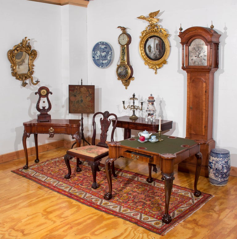 Cherry Queen Anne Tall Case Clock with Silver Dial, RI For Sale at 1stDibs