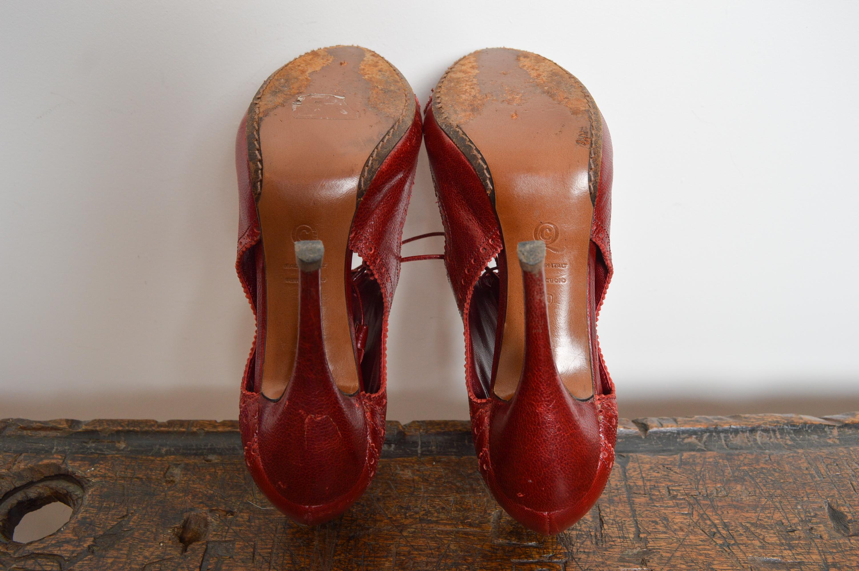 Cherry Red Alexander McQueen Vintage Lace Up Mary Jane Peep Stiletto High Heels For Sale 5
