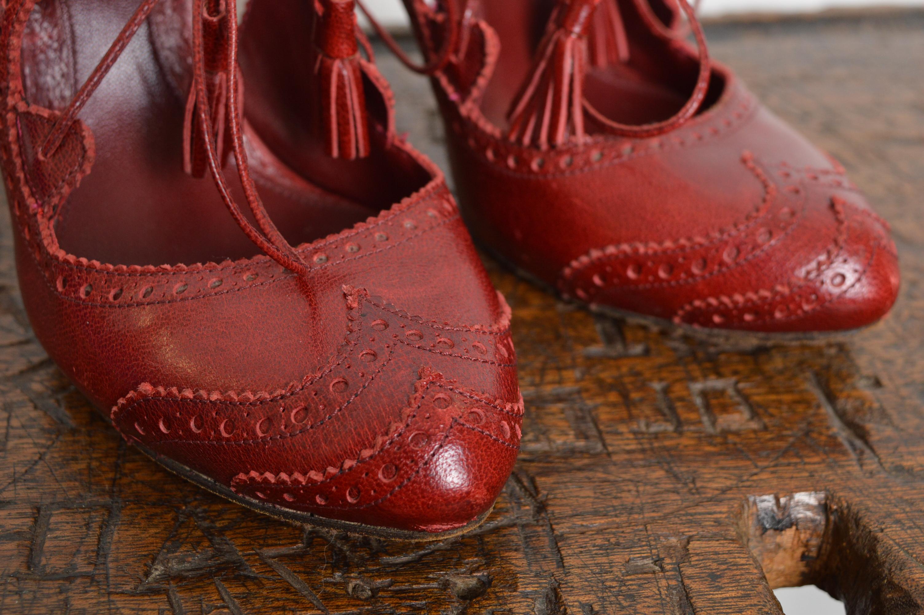Brown Cherry Red Alexander McQueen Vintage Lace Up Mary Jane Peep Stiletto High Heels For Sale