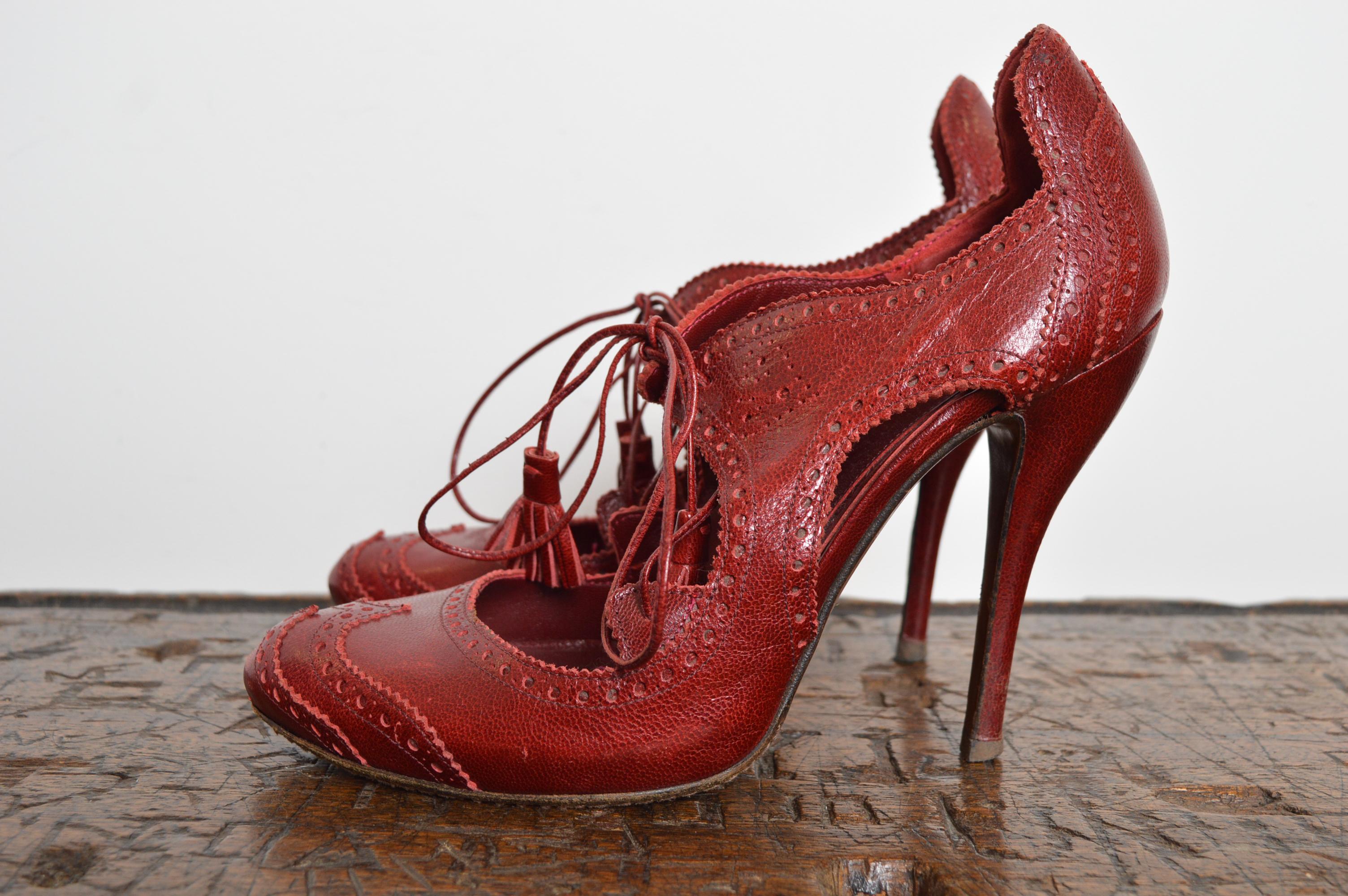 Women's Cherry Red Alexander McQueen Vintage Lace Up Mary Jane Peep Stiletto High Heels For Sale
