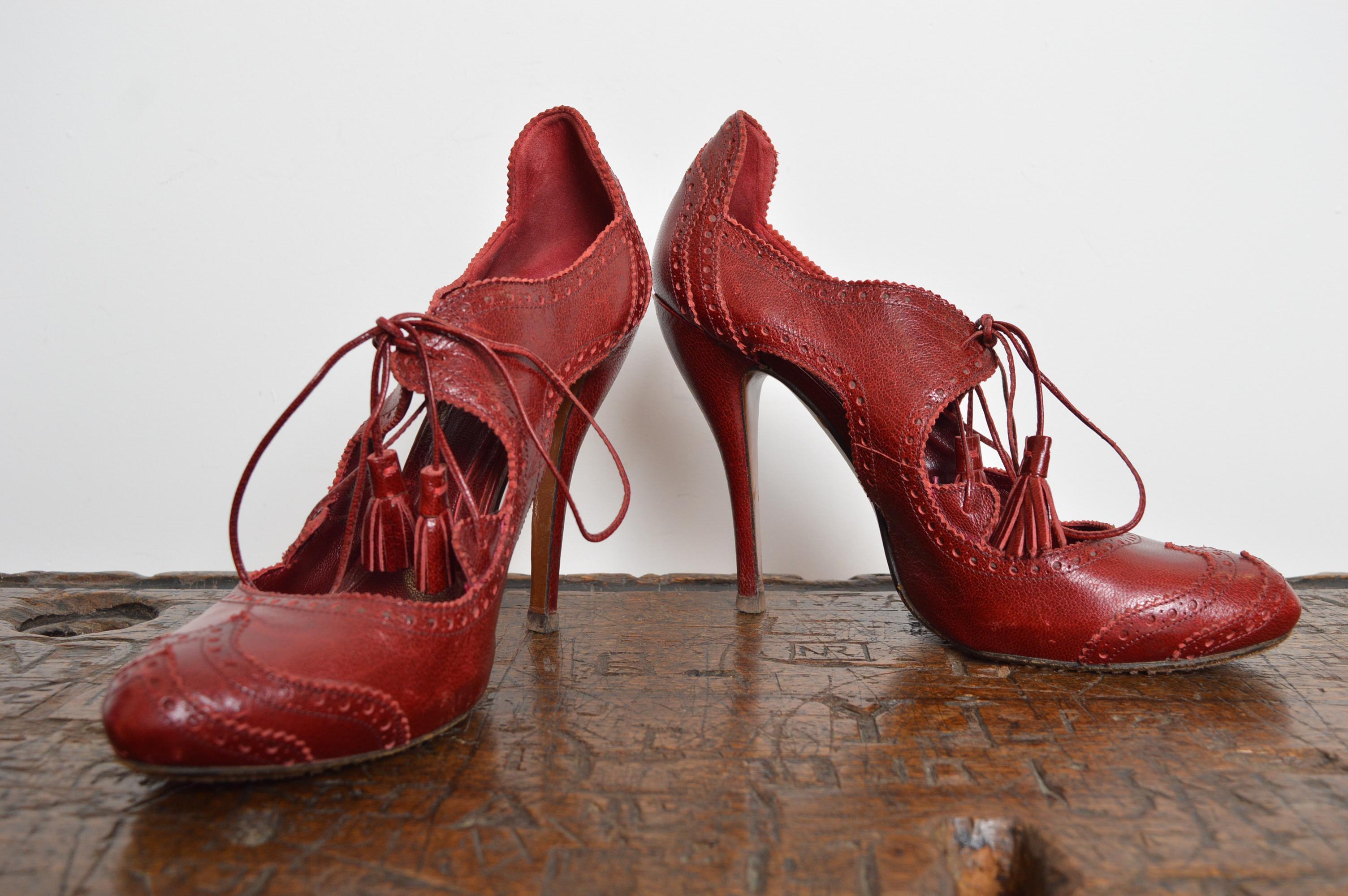 Cherry Red Alexander McQueen Vintage Lace Up Mary Jane Peep Stiletto High Heels For Sale 1