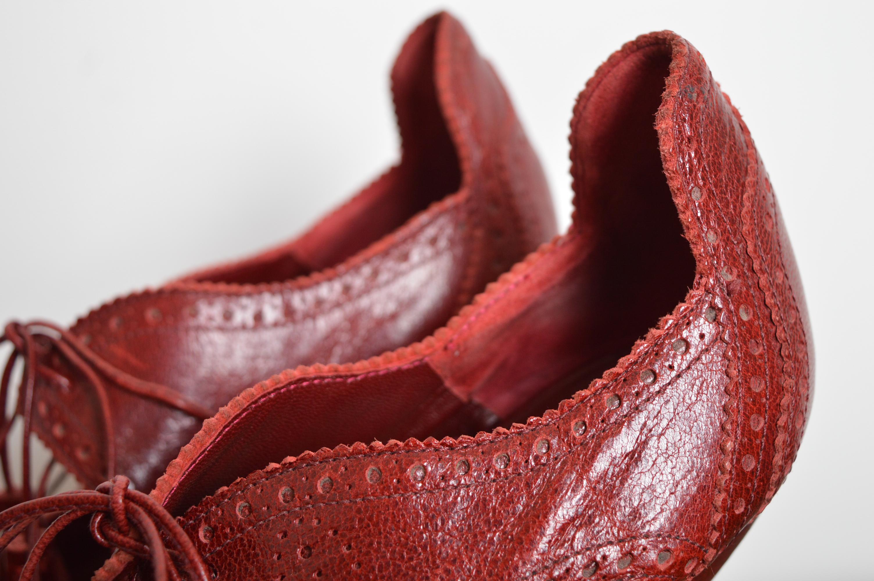 Cherry Red Alexander McQueen Vintage Lace Up Mary Jane Peep Stiletto High Heels For Sale 2