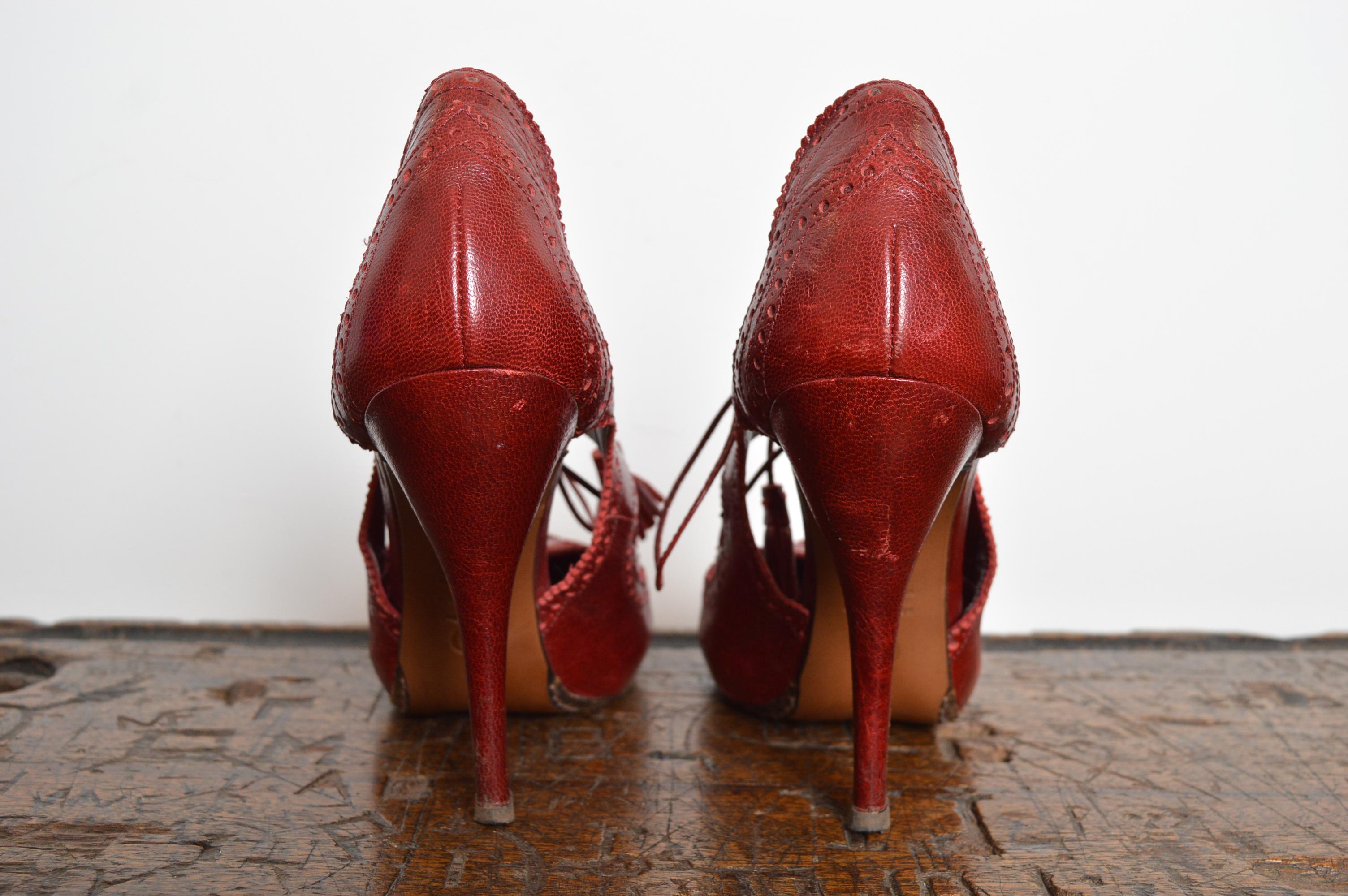 Cherry Red Alexander McQueen Vintage Lace Up Mary Jane Peep Stiletto High Heels For Sale 3