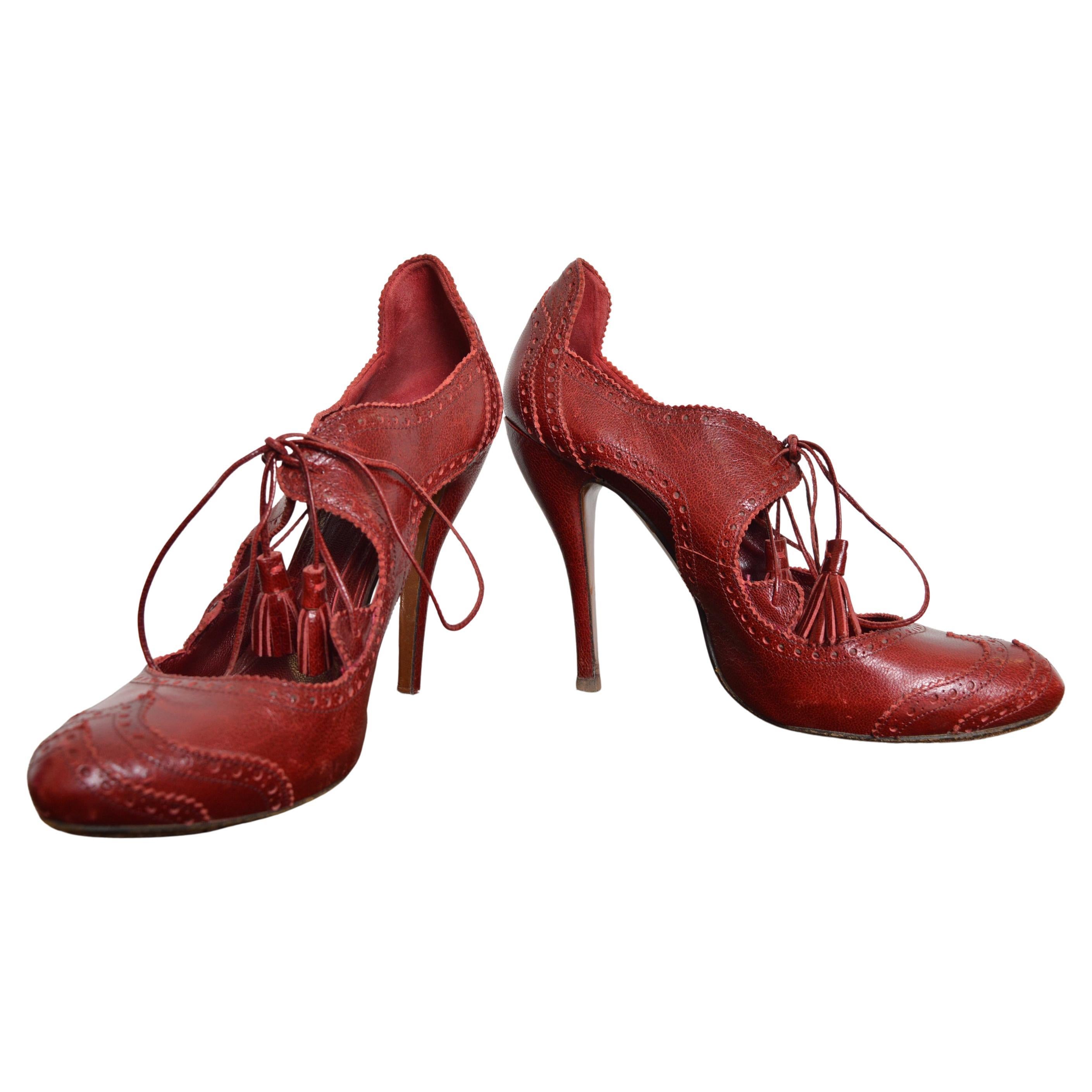 Cherry Red Alexander McQueen Vintage Lace Up Mary Jane Peep Stiletto High Heels For Sale