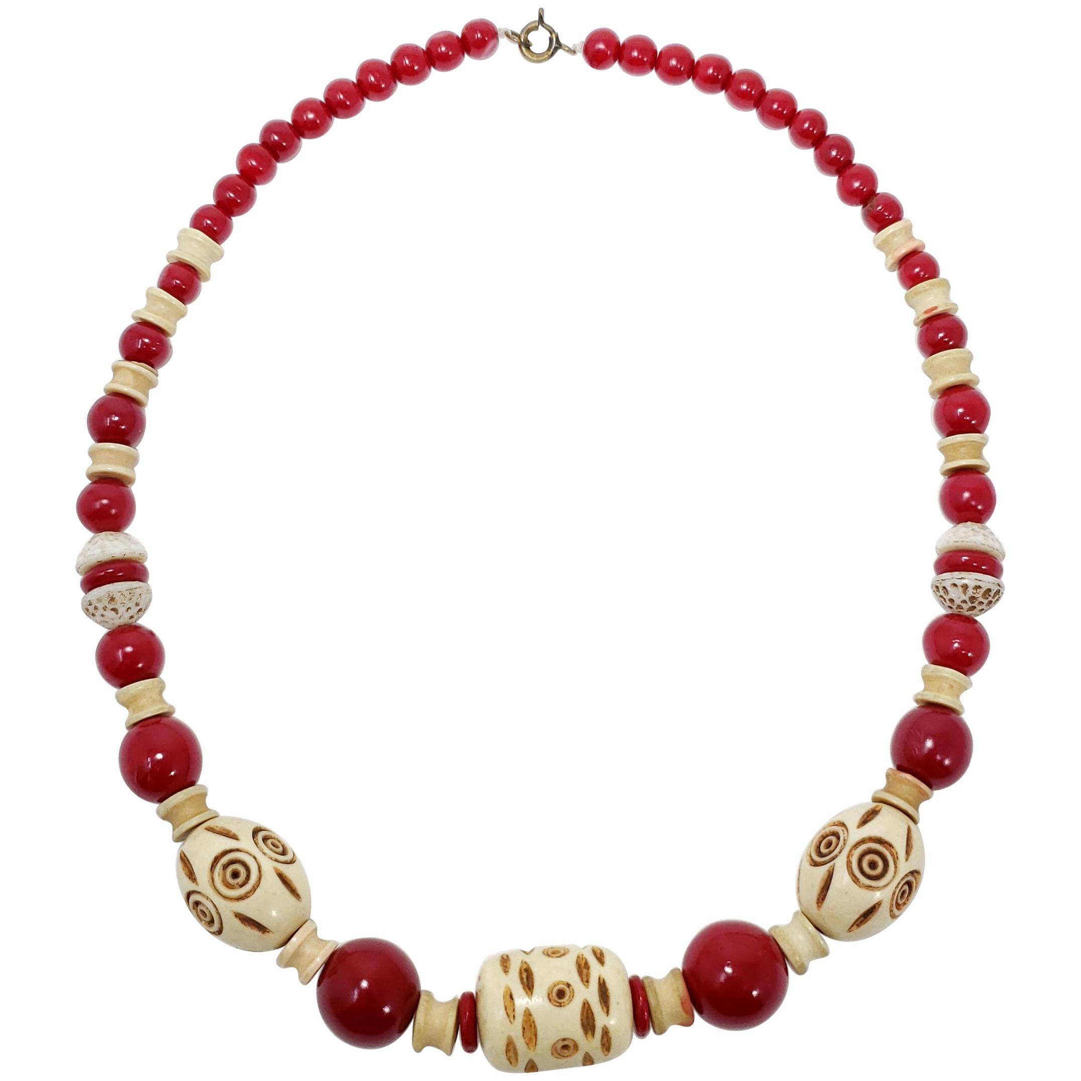 Cherry Red and Cream Colored Carved Bakelite Bead Necklace, Brass Tone Clasp For Sale