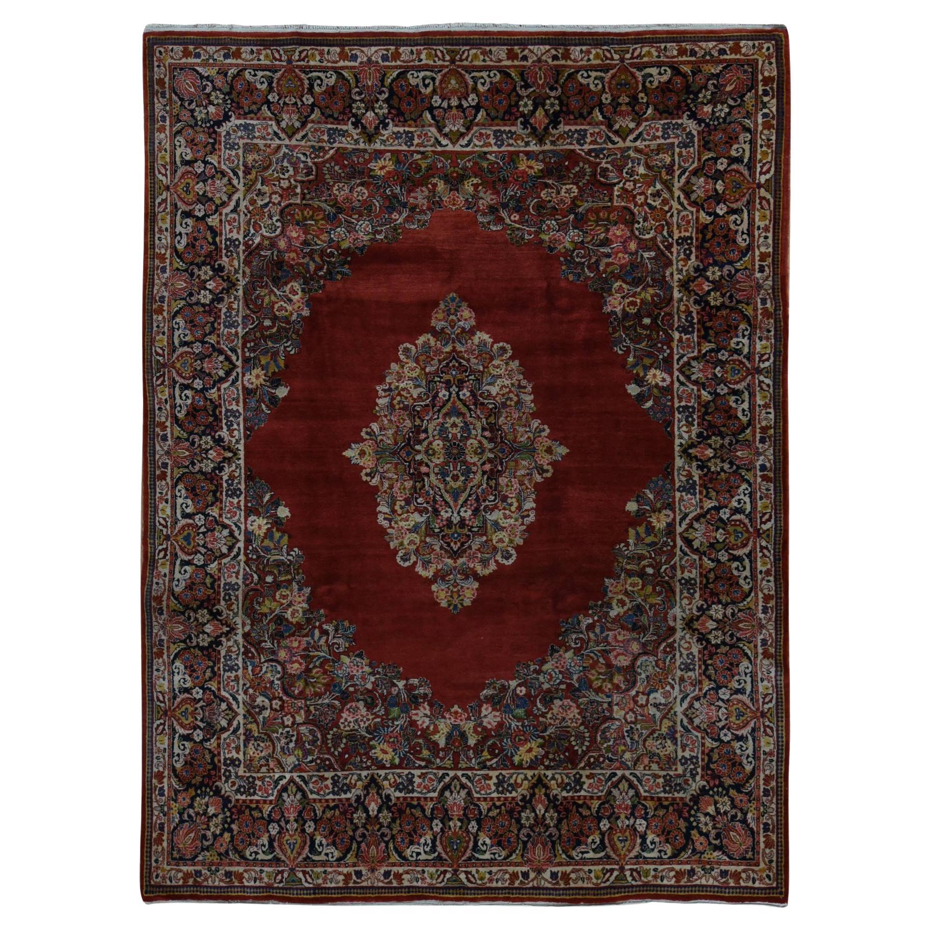 Cherry Red Antique Persian Sarouk Medallion Design Pure Wool Hand Knotted Rug