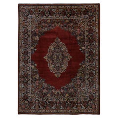 Cherry Red Vintage Persian Sarouk Medallion Design Pure Wool Hand Knotted Rug