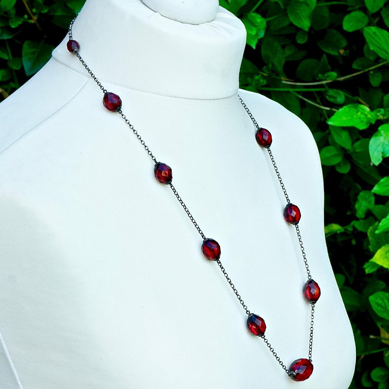 Women's or Men's Cherry Red Bakelite Graduated Faceted Bead Necklace on Sterling Silver Chain For Sale