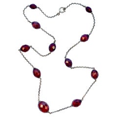Used Cherry Red Bakelite Graduated Faceted Bead Necklace on Sterling Silver Chain