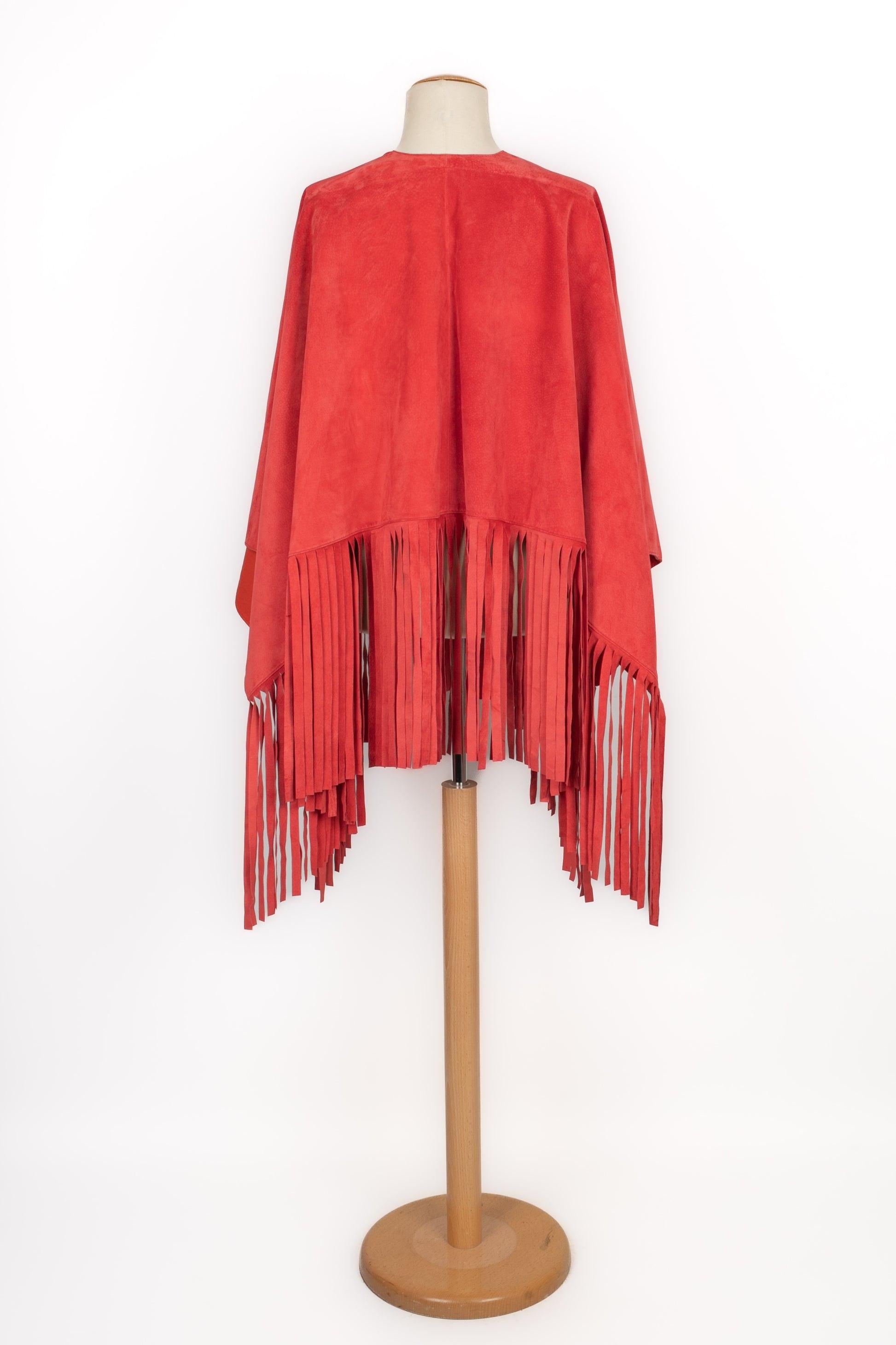 Red Cherry-red Leather Cape with Fringes