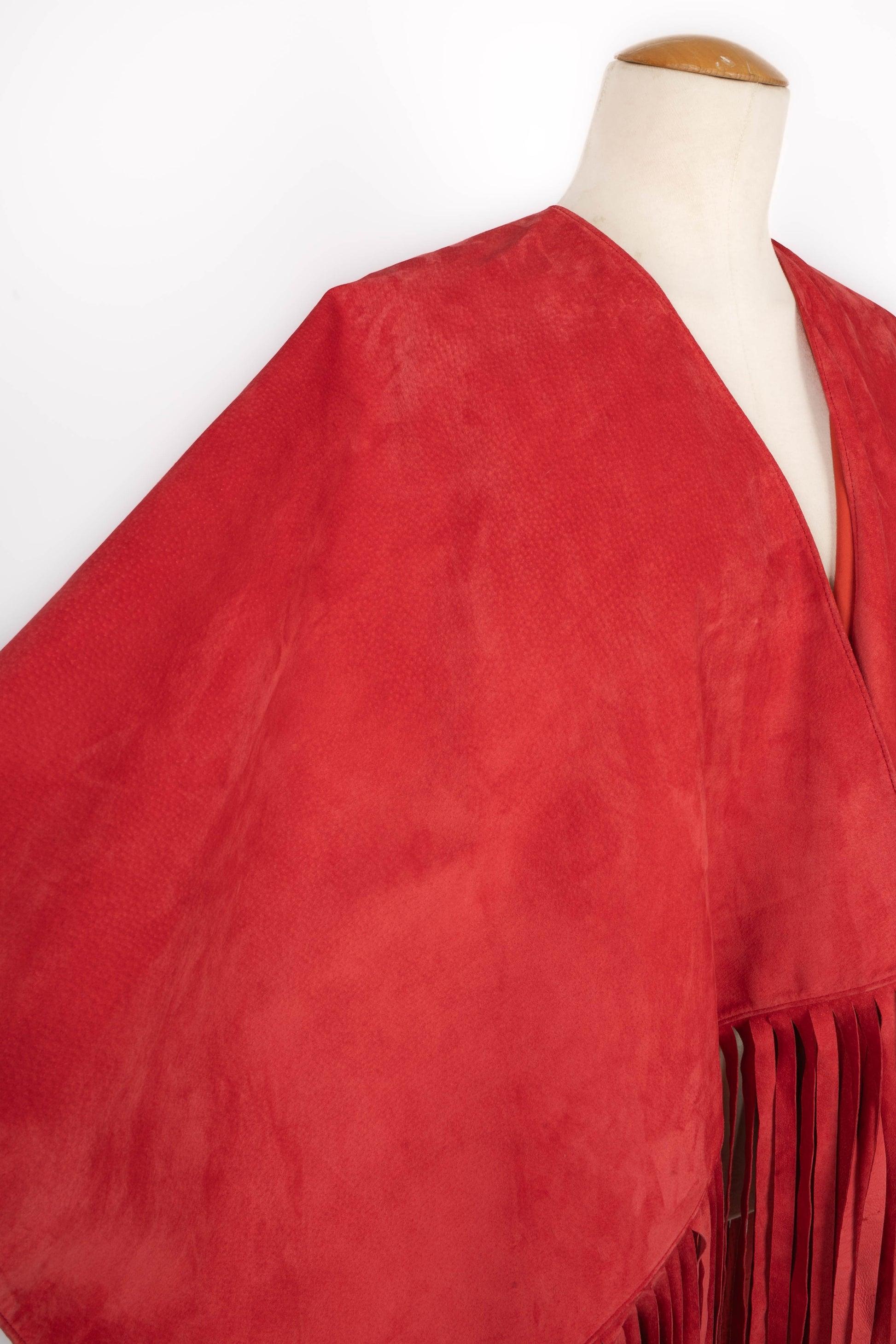 Women's Cherry-red Leather Cape with Fringes
