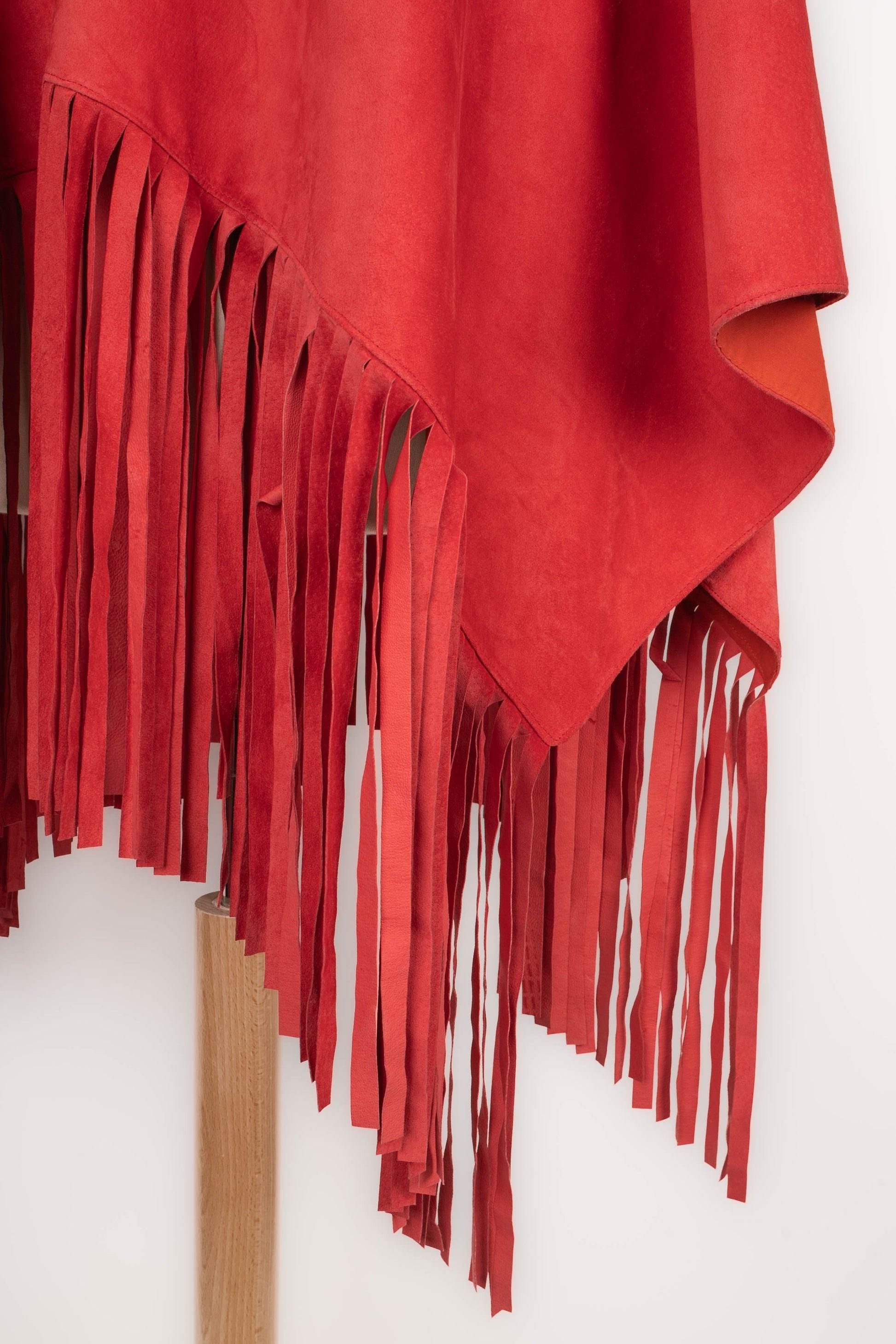 Cherry-red Leather Cape with Fringes 1