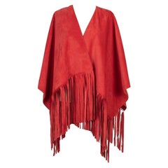 Vintage Cherry-red Leather Cape with Fringes