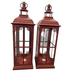 Cherry Red Pair of Metal & Glass Lanterns