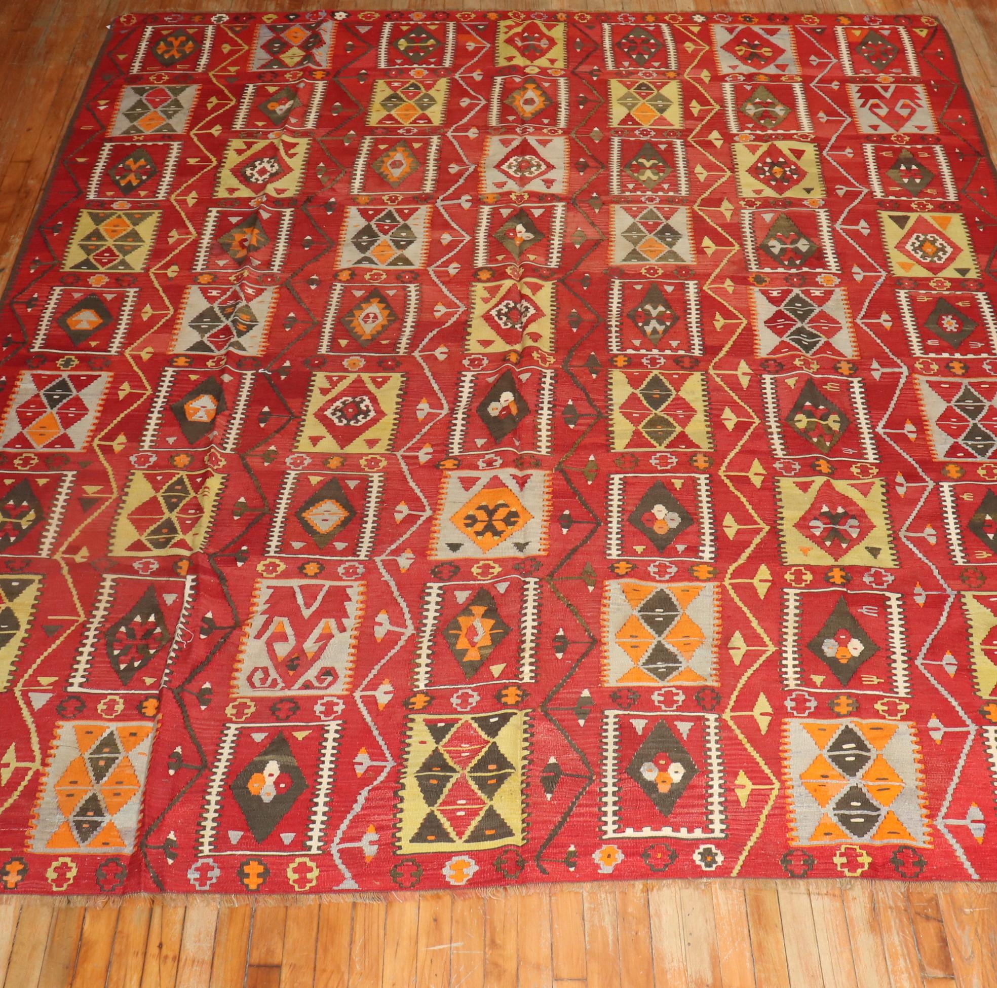 Cherry Red Room Size Turkish Kilim For Sale 1