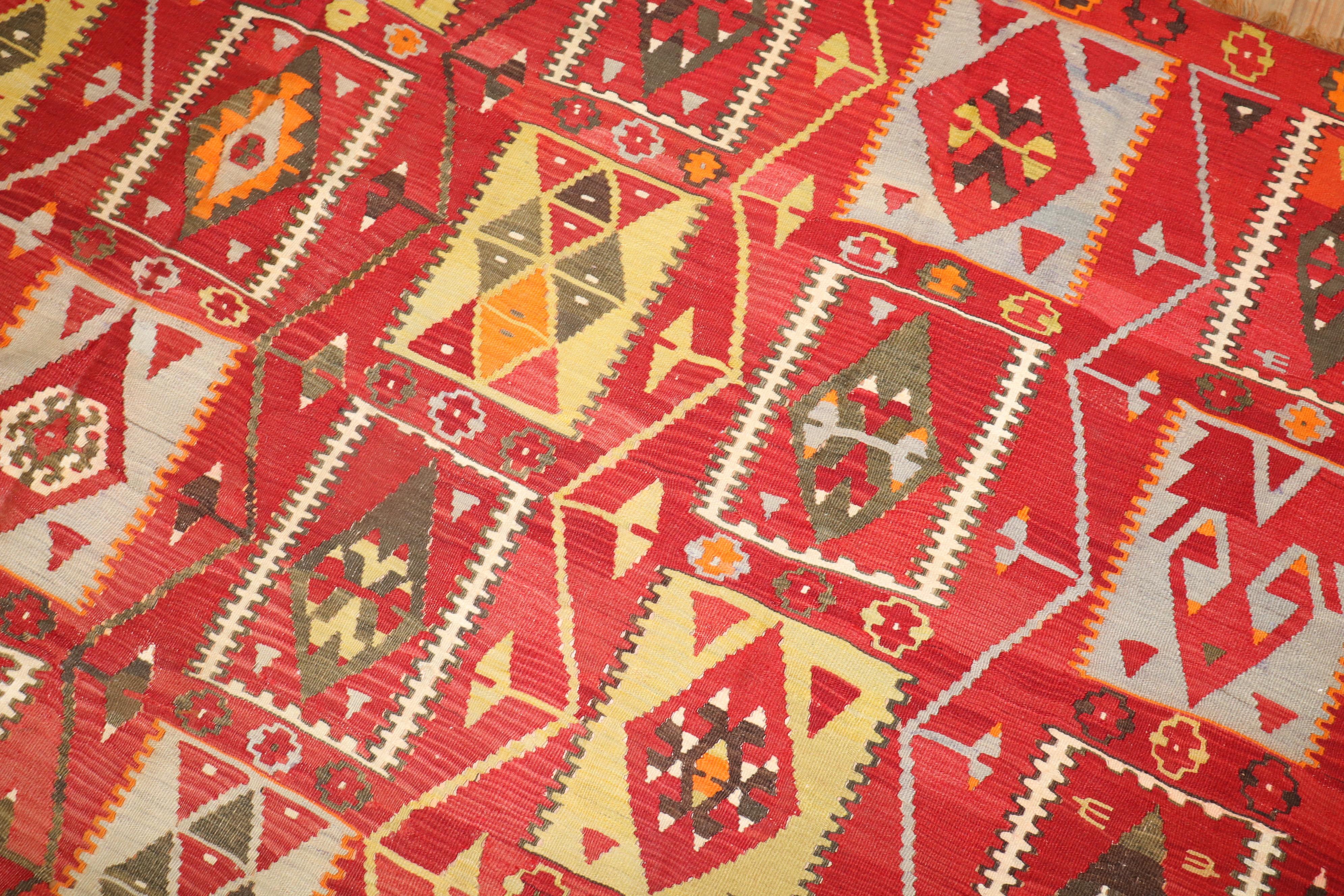 Hand-Knotted Cherry Red Room Size Turkish Kilim For Sale