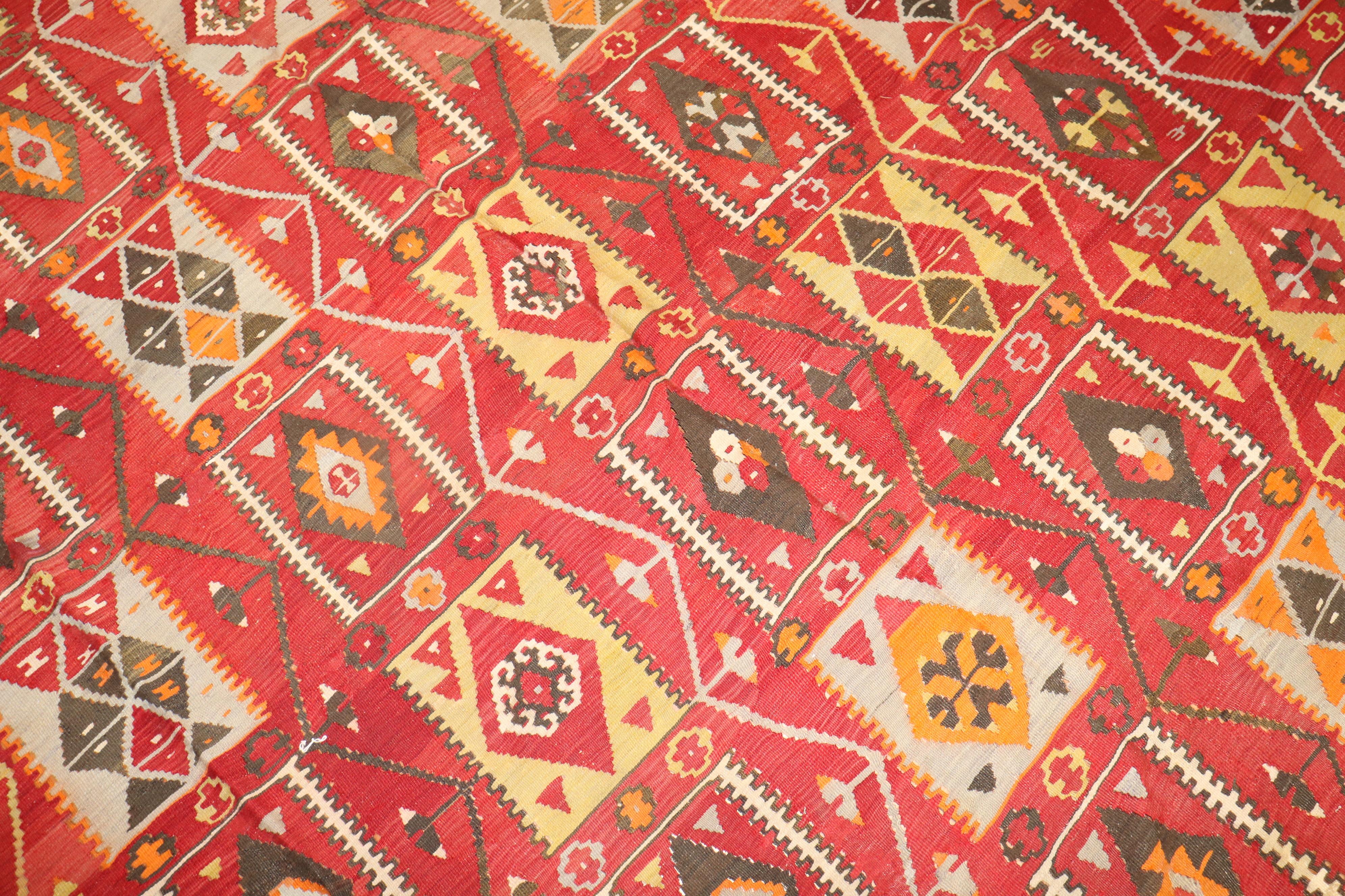 Wool Cherry Red Room Size Turkish Kilim For Sale