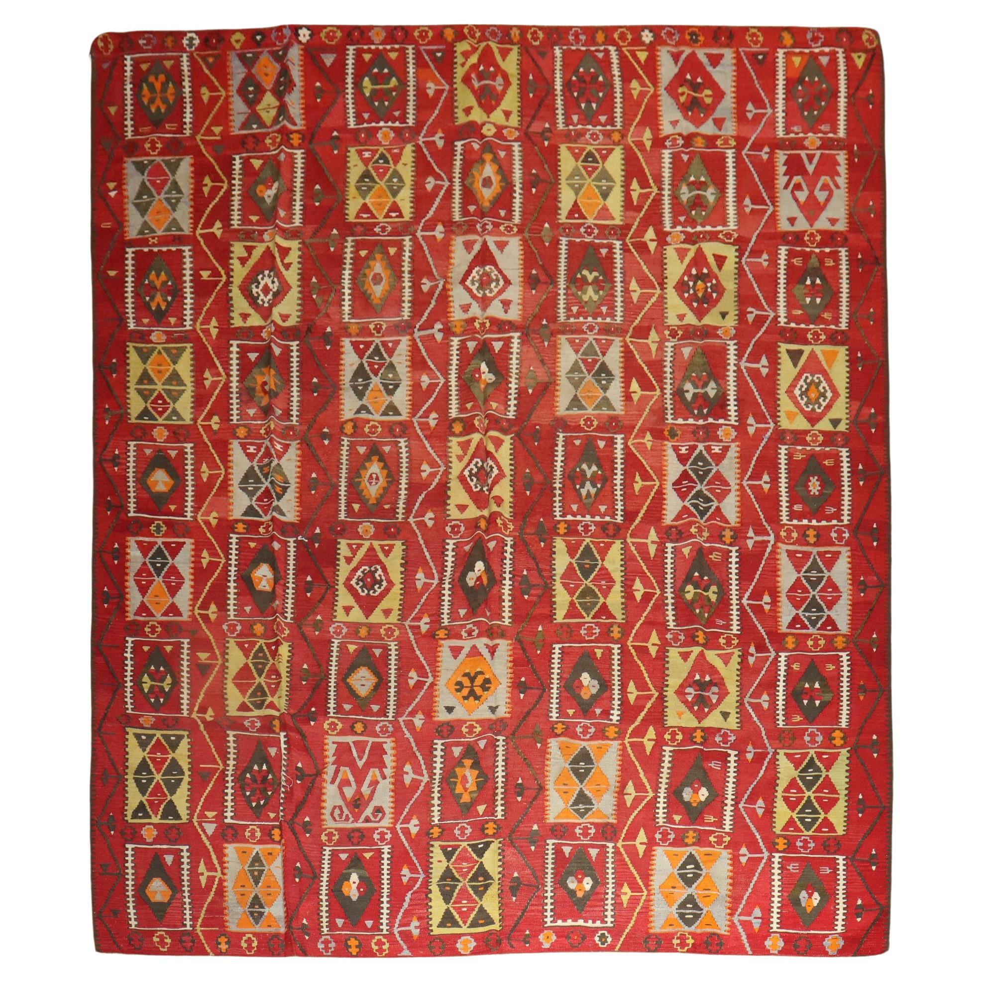 Cherry Red Room Size Turkish Kilim For Sale