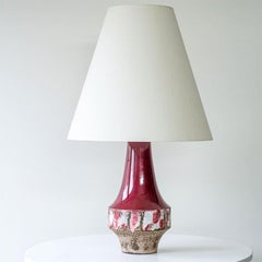 Cherry Red Sculptural Ceramic Lamp, Custom White Tapered Lampshade by R. Houben