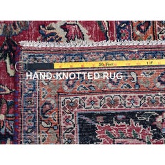Cherry Red Vintage Persian Mashad Hand Knotted Pure Wool Sheared Low Clean Rug